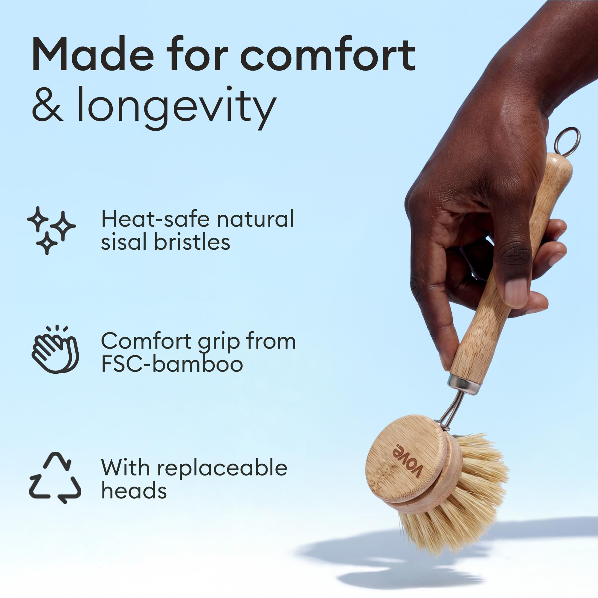 Vove Bamboo Washing Up Brush with 3 Replacement Heads, Plastic-Free Kitchen Scrubbing Brush for Pots Pans and Dishes, FSC-Certified Bamboo Handle with Natural Fibre Bristles, Non-Toxic Zero-Waste