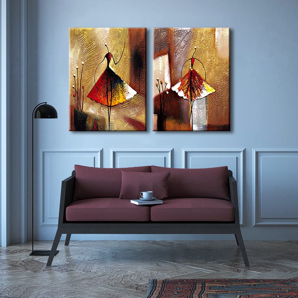 Wieco Art - Ballet Dancers 2 Piece Modern Decorative artwork 100% Hand Painted Contemporary Abstract Oil paintings on Canvas Wall Art Ready to Hang for Home Decoration Wall Decor
