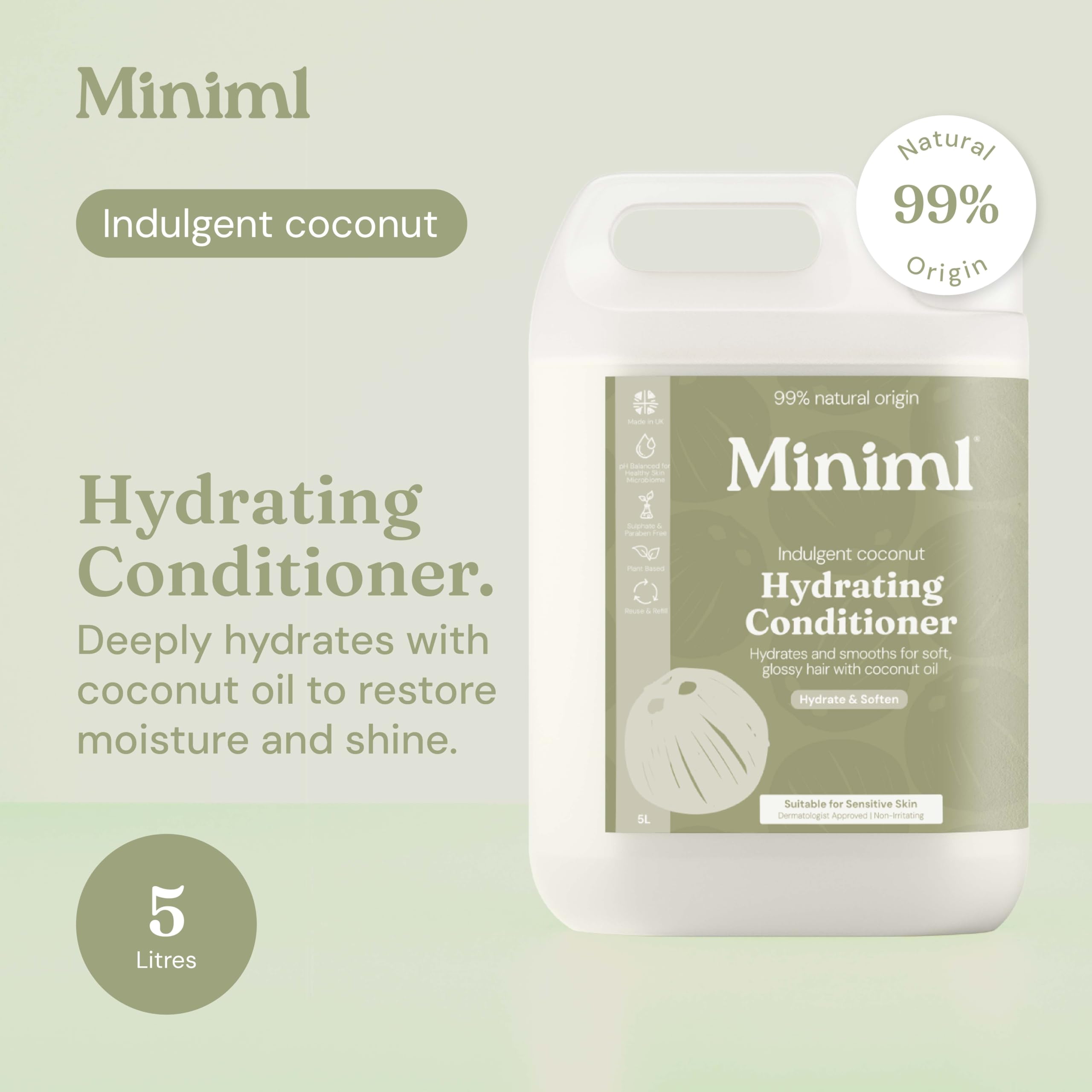 Miniml Natural Hair Conditioner Eco Friendly - Refill Nourishing Coconut Men and Womens Sensitive Scalp & Skin Cruelty Free Vegan Formula - For Greasy, Curly, Dry Hair, 5L (Pack of 1)