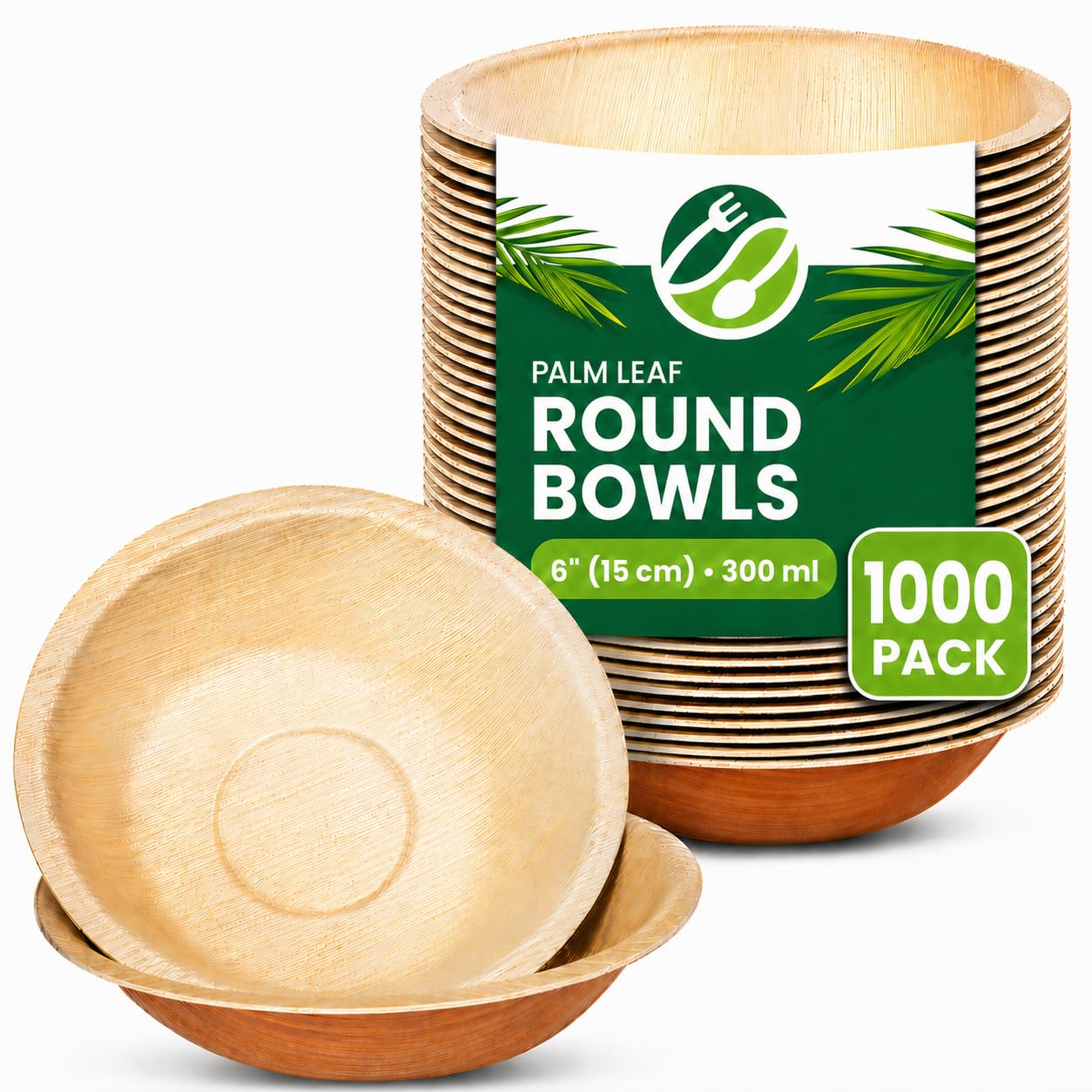ECO Leaf 50 Disposable Palm Leaf Bowls | 8”(20cm) Round Compostable Dinner Bowls | Eco-Friendly, Biodegradable Heavy-Duty Bowl for Wedding, Party and Picnic | Microwave & Oven Safe, Pack of 50