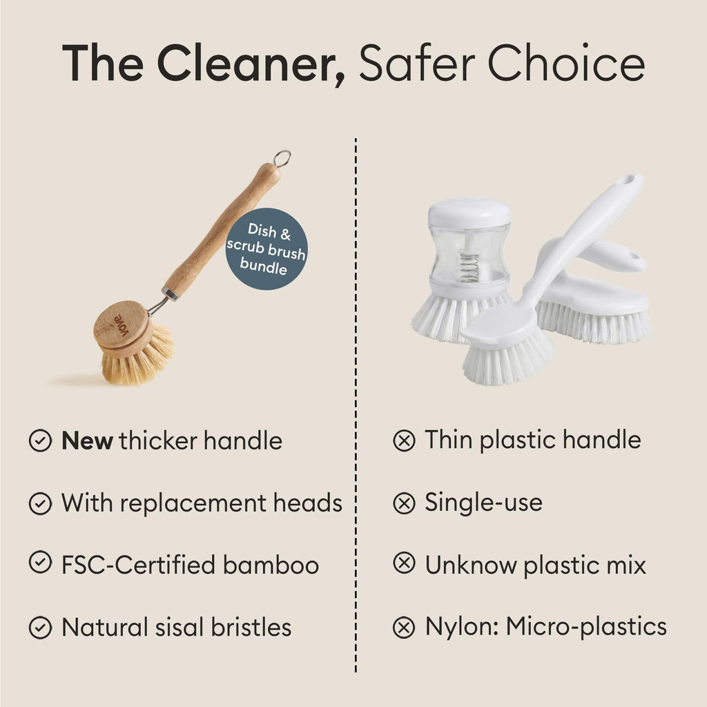 Vove Bamboo Washing Up Brush with 3 Replacement Heads, Plastic-Free Kitchen Scrubbing Brush for Pots Pans and Dishes, FSC-Certified Bamboo Handle with Natural Fibre Bristles, Non-Toxic Zero-Waste