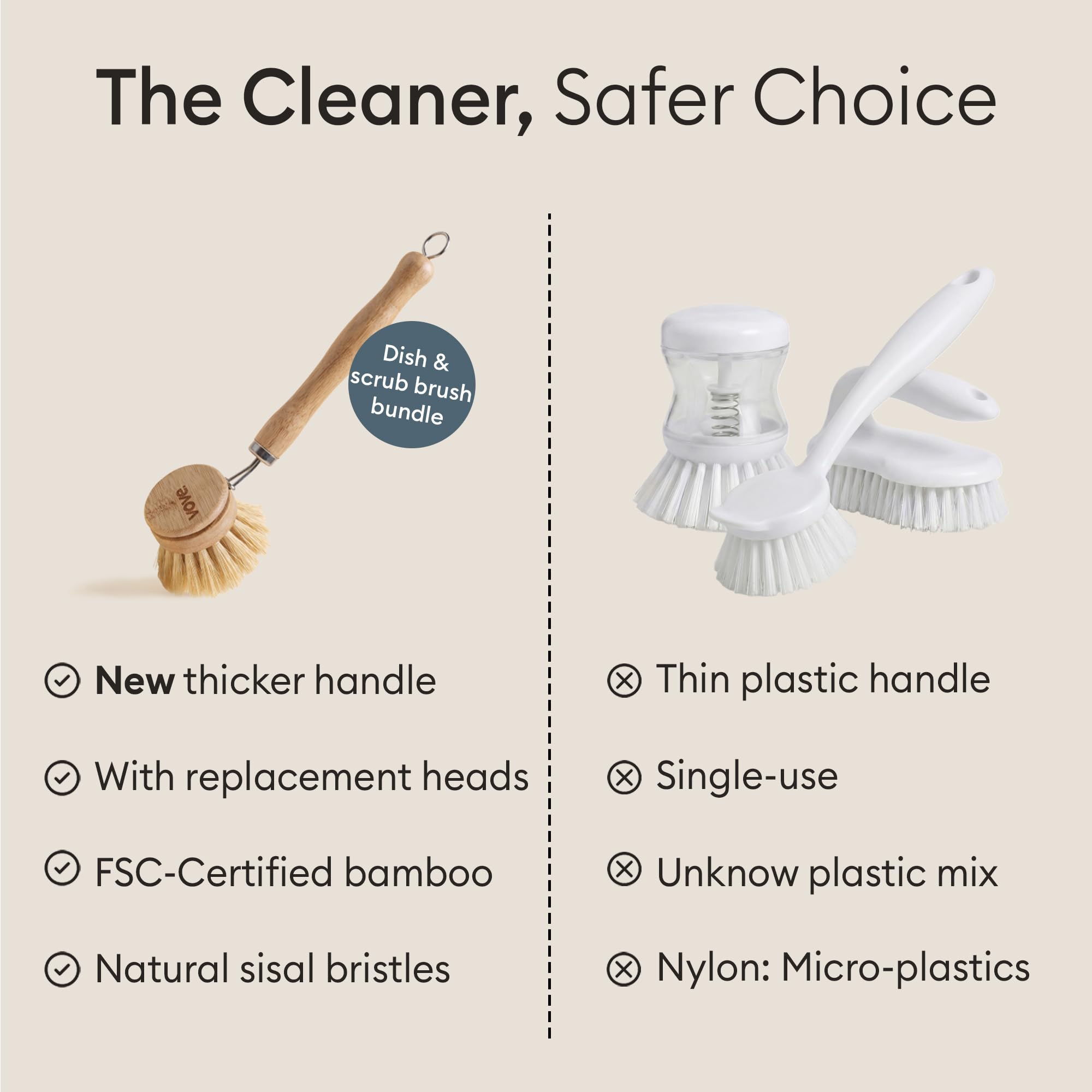 Vove Bamboo Washing Up Brush with 3 Replacement Heads, Plastic-Free Kitchen Scrubbing Brush for Pots Pans and Dishes, FSC-Certified Bamboo Handle with Natural Fibre Bristles, Non-Toxic Zero-Waste