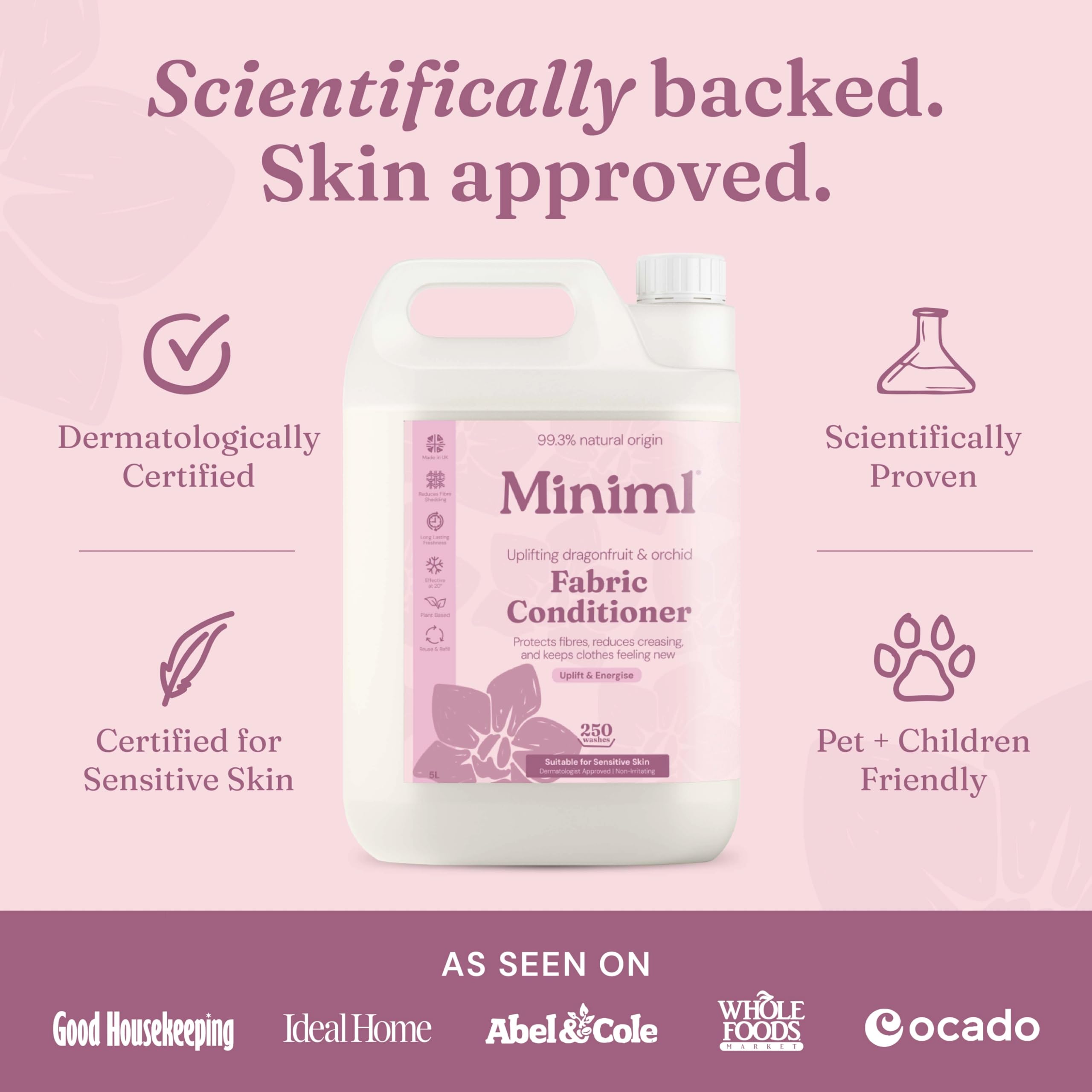 Miniml Natural Fabric Softener & Conditioner 5L Refill - Pink Dragonfruit & Orchid Scented All Natural Fabric Softener for Sensitive Skin - 100% Vegan & Cruelty Free (250 Washes)