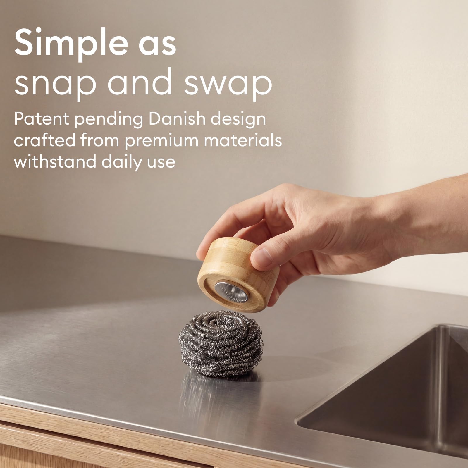 Vove Magnetic Scourer – Rust-Free Stainless Steel Scrubber with FSC-Certified Bamboo Handle, 3 Replacement Pads, for Cast Iron, Pots & Pans, Plastic-Free Zero Waste Washing Up Tool