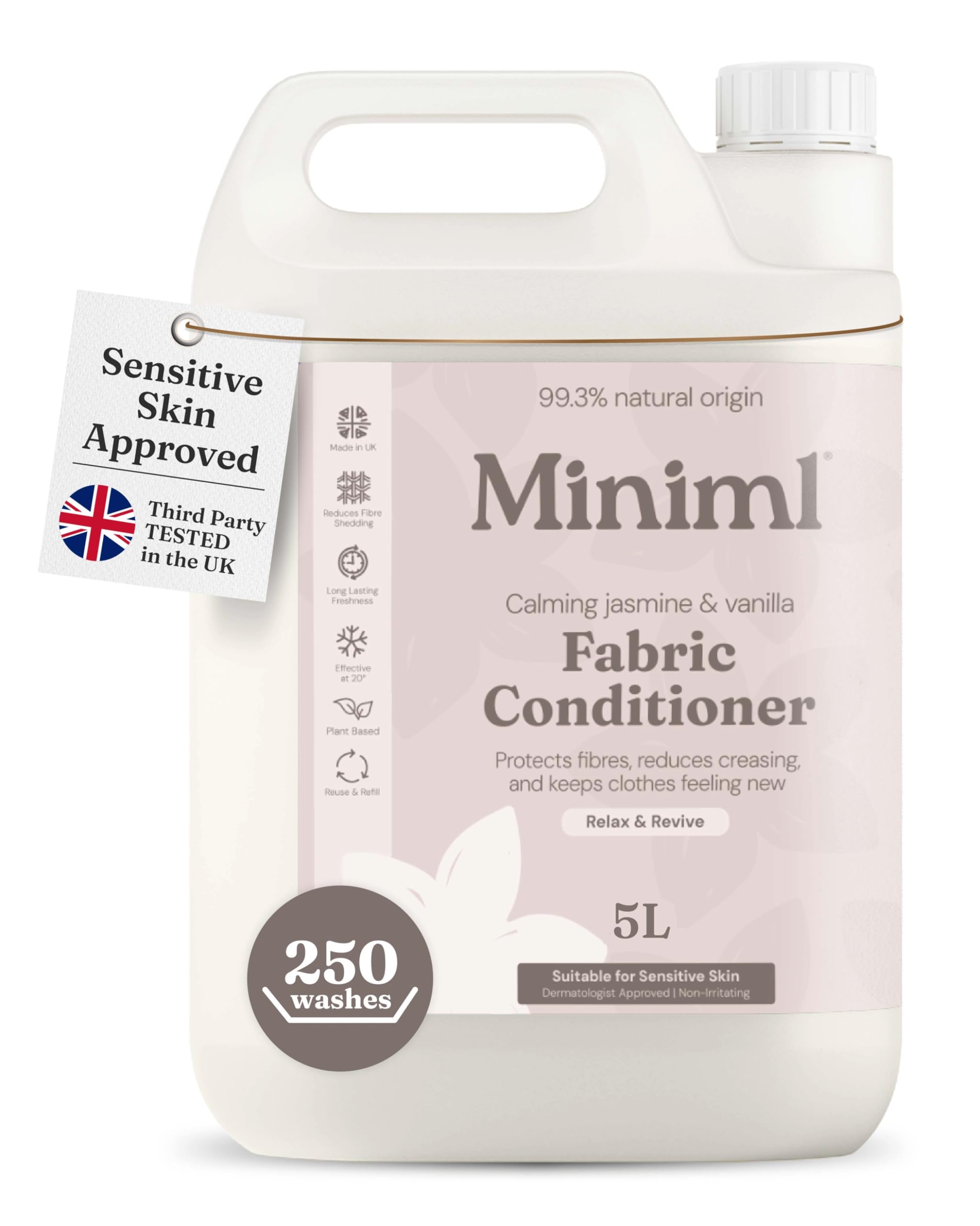 Miniml Natural Fabric Softener & Conditioner 5L Refill - Pink Dragonfruit & Orchid Scented All Natural Fabric Softener for Sensitive Skin - 100% Vegan & Cruelty Free (250 Washes)