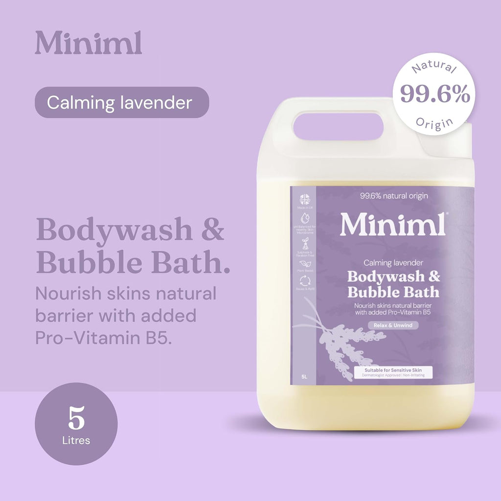 Miniml All Natural Body Wash and Bubble Bath - 5L Refill Moisturising Tea Tree and Mint Sensitive Skin Eco Shower Gel Bath Soak - Vegan Friendly Hand, Face & Body High Foam Scrub