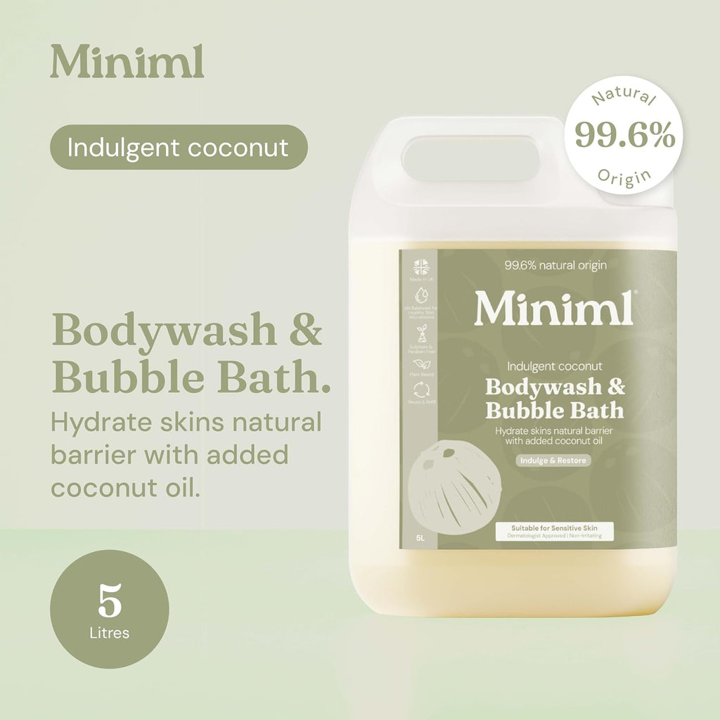 Miniml All Natural Body Wash and Bubble Bath - 5L Refill Moisturising Tea Tree and Mint Sensitive Skin Eco Shower Gel Bath Soak - Vegan Friendly Hand, Face & Body High Foam Scrub