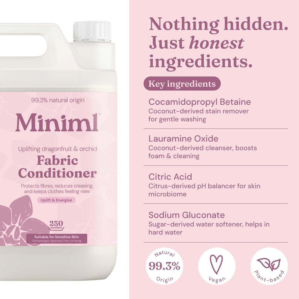 Miniml Natural Fabric Softener & Conditioner 5L Refill - Pink Dragonfruit & Orchid Scented All Natural Fabric Softener for Sensitive Skin - 100% Vegan & Cruelty Free (250 Washes)