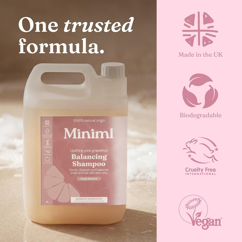 Miniml Natural Hair Shampoo Eco Friendly – 5L Refill Pink Grapefruit & Aloe Vera Men and Womens Sensitive Scalp & Skin Cruelty Free Vegan Shampoo - For Greasy, Curly, Dry and Dandruff Hair