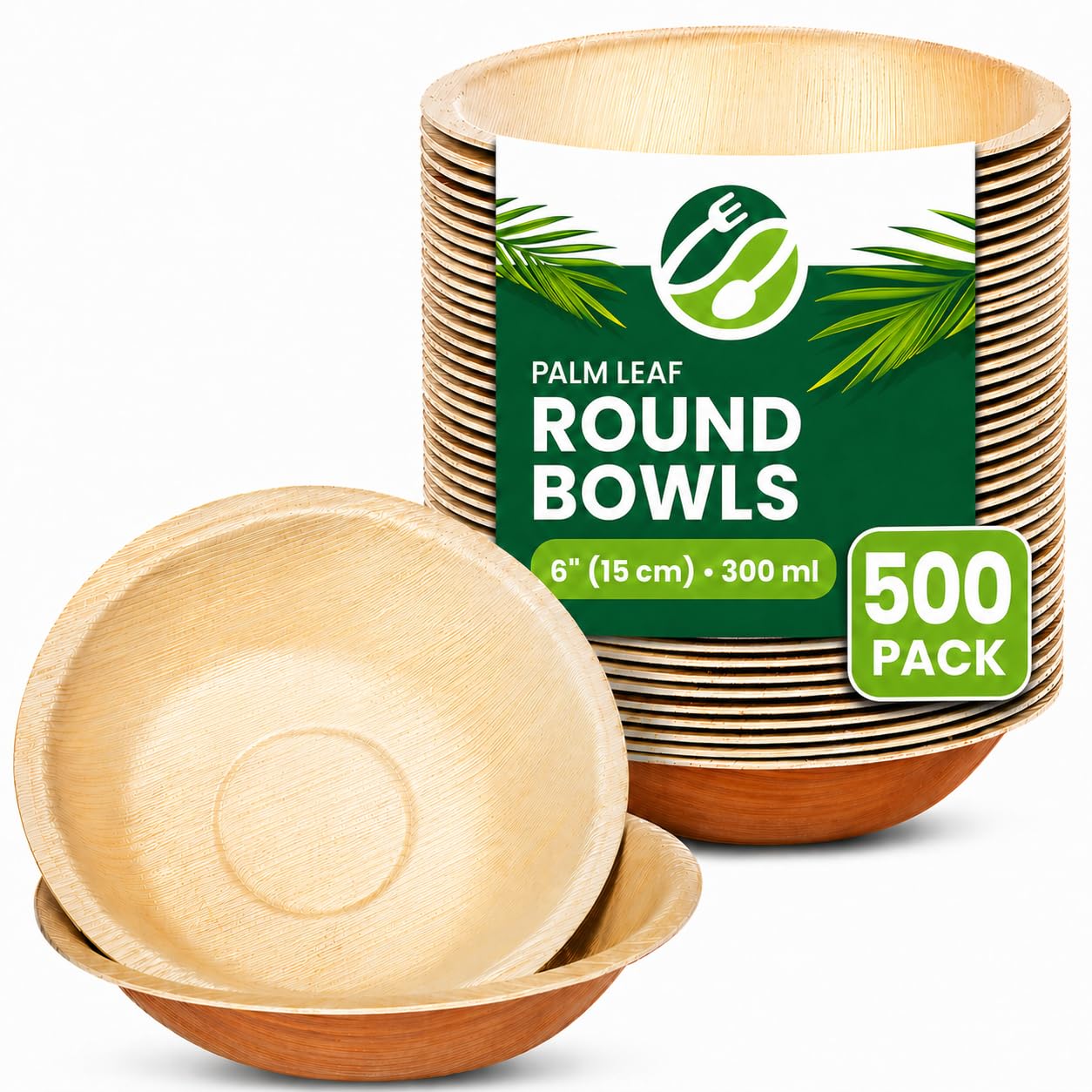 ECO Leaf 50 Disposable Palm Leaf Bowls | 8”(20cm) Round Compostable Dinner Bowls | Eco-Friendly, Biodegradable Heavy-Duty Bowl for Wedding, Party and Picnic | Microwave & Oven Safe, Pack of 50