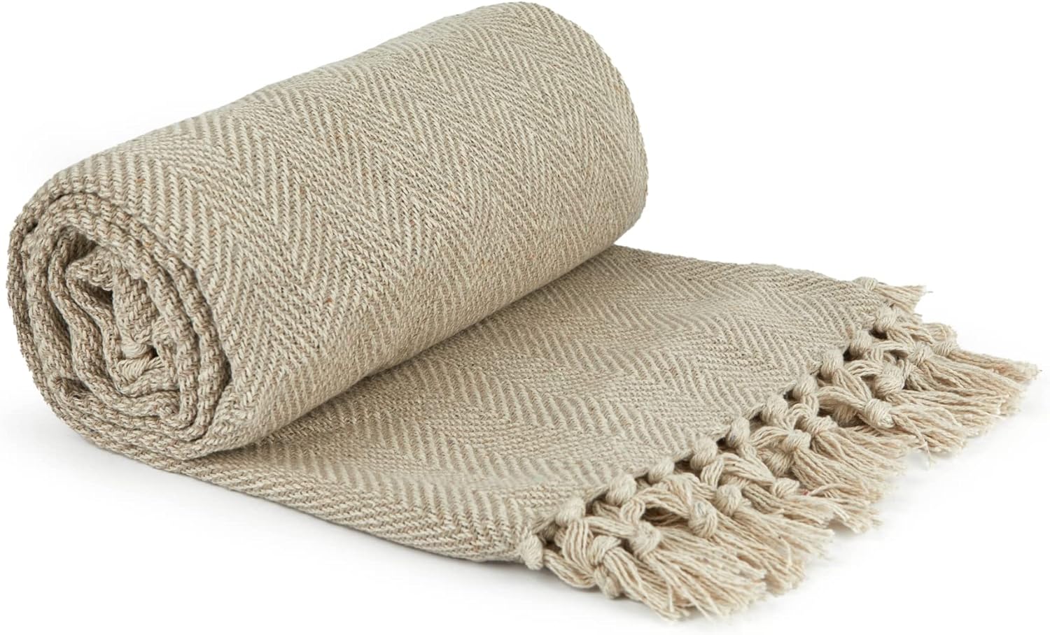 Emma Barclay Herringbone - Recycled Cotton Patterned Chair Sofa Setee Bed Throw Over Blanket in Natural - 50x60 (127x152cm)