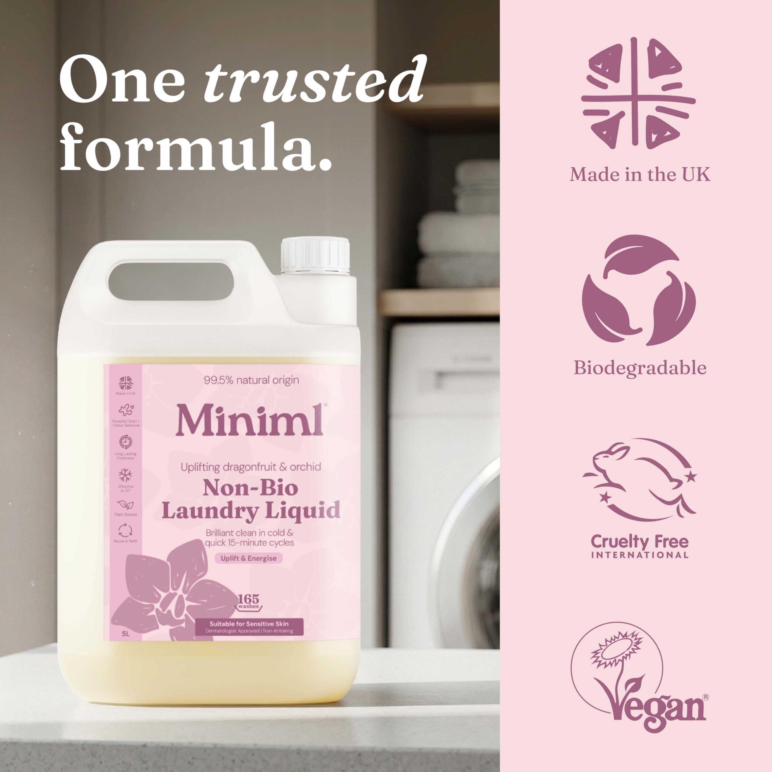 Miniml Laundry Liquid Washing Detergent 5L Refill - Natural Non Bio Pink Dragonfruit & Orchid Scented Clothes Fabric Cleaner for Machine or Delicate Hand Wash- 100% Vegan & Cruelty Free (165 Washes)
