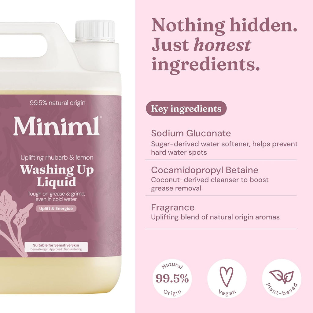 Miniml Eco Washing Up Liquid 5L Refill - Wild Rhubarb & Lemon Scented Non Bio & Skin Sensitive Friendly Dish Wash Cleaner Plant Based Vegan & Cruelty Free - Natural Cleaning Products (500 Washes)