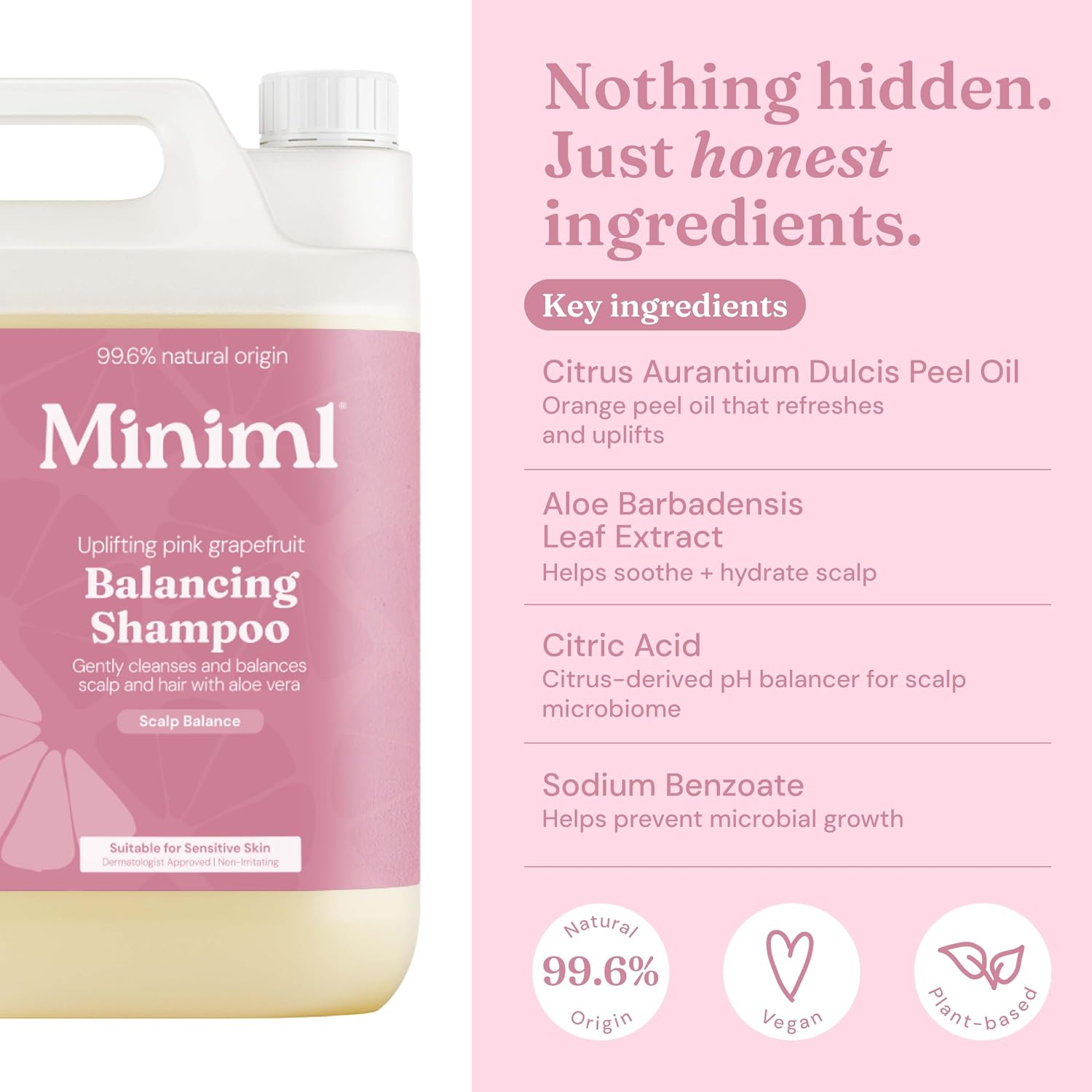Miniml Natural Hair Shampoo Eco Friendly – 5L Refill Pink Grapefruit & Aloe Vera Men and Womens Sensitive Scalp & Skin Cruelty Free Vegan Shampoo - For Greasy, Curly, Dry and Dandruff Hair