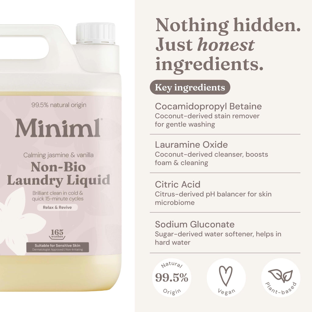 Miniml Laundry Liquid Washing Detergent 5L Refill - Natural Non Bio Pink Dragonfruit & Orchid Scented Clothes Fabric Cleaner for Machine or Delicate Hand Wash- 100% Vegan & Cruelty Free (165 Washes)