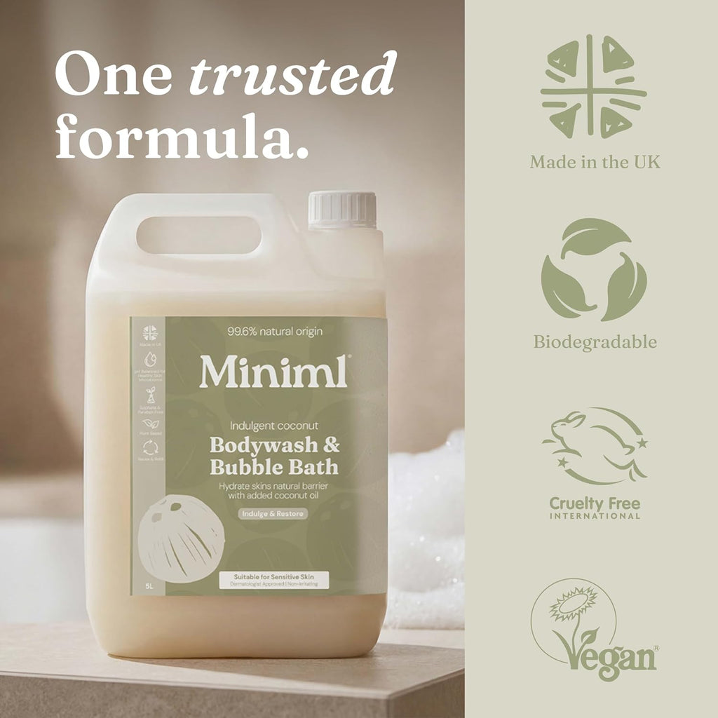 Miniml All Natural Body Wash and Bubble Bath - 5L Refill Moisturising Tea Tree and Mint Sensitive Skin Eco Shower Gel Bath Soak - Vegan Friendly Hand, Face & Body High Foam Scrub