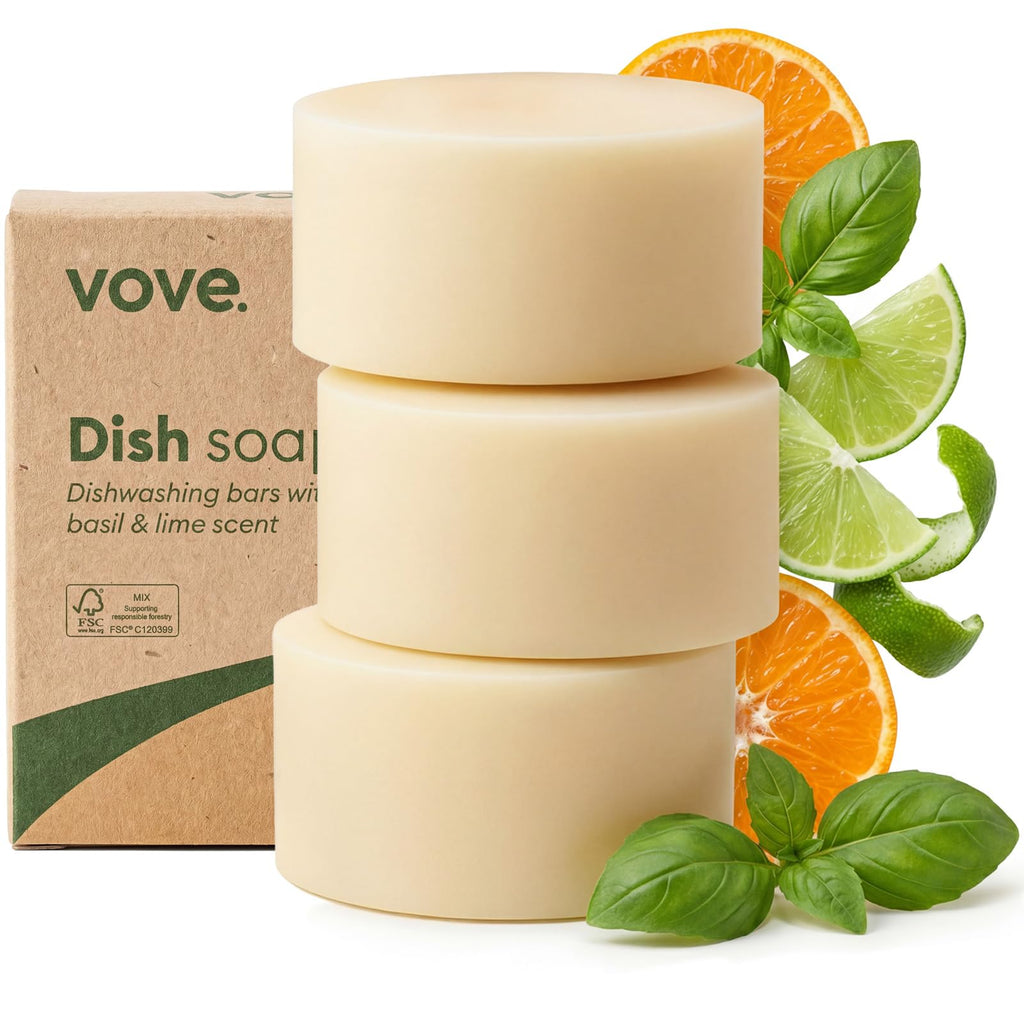 Vove Washing Up Soap Bar, 3 Pack, Coastal Citrus Mint with Mandarin, Spearmint, Cypress & Bergamot, Plant-Based, Plastic-Free, Zero Waste, Coconut Cleanser, FSC-Certified Packaging