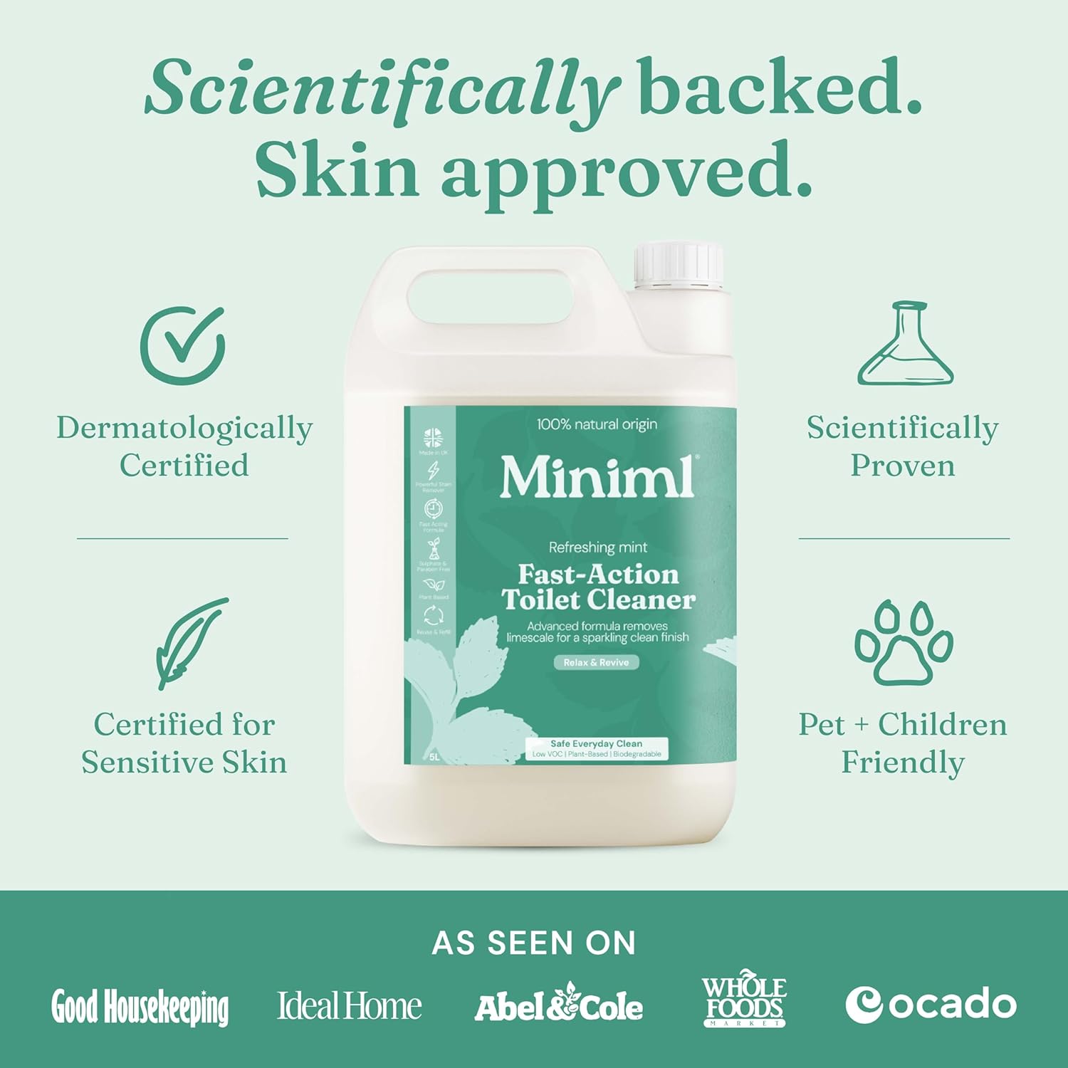 Miniml Eco Toilet Cleaner Spearmint & Peppermint 5L Refill - All Natural Limescale Remover, Descaler and Heavy Duty Refill Rim & Bowl Cleaning Liquid Antibacterial Bleach - 100% Vegan & Cruelty Free