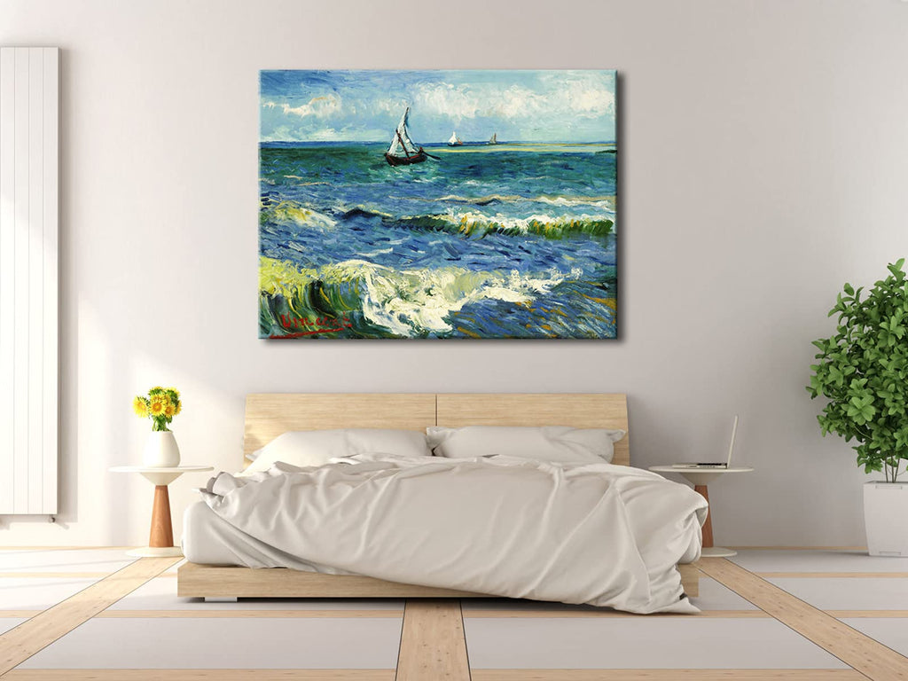 Wieco Art - Seascape at Saintes Maries by Vincent Van Gogh Oil Paintings Reproduction Classical Giclee Canvas Prints Artwork Ocean Pictures Paintings on Canvas Wall Art for Bedroom Home Decorations