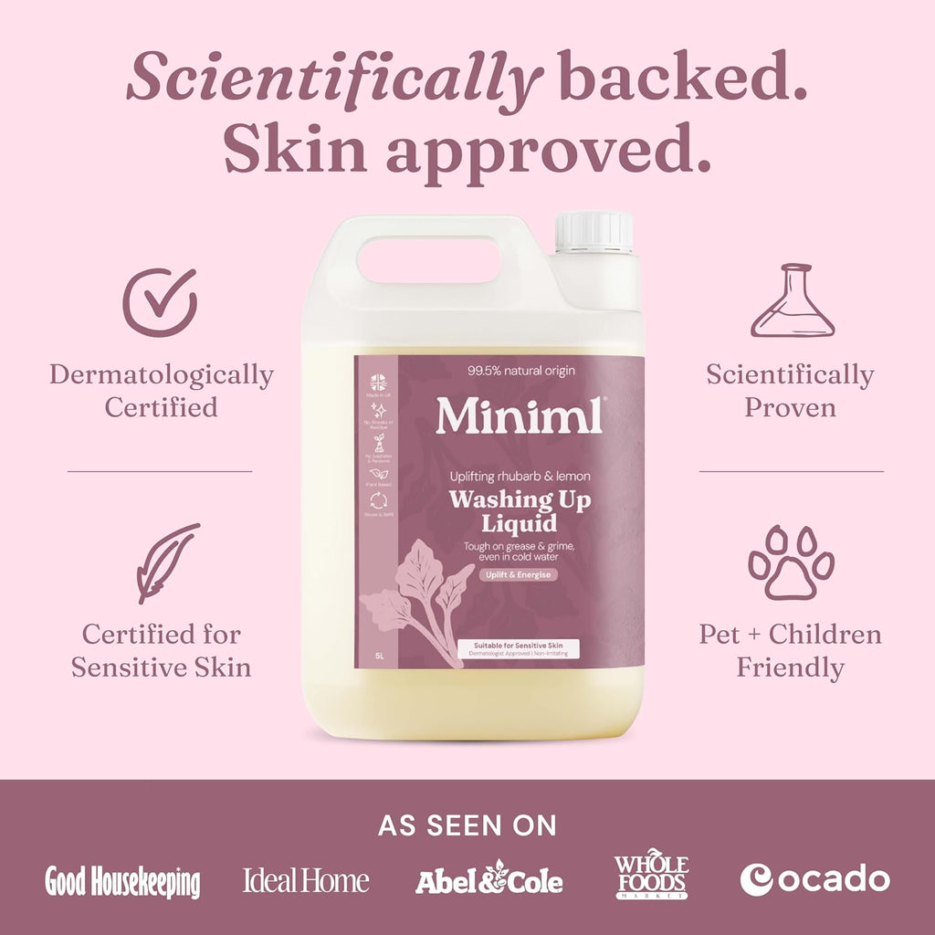Miniml Eco Washing Up Liquid 5L Refill - Wild Rhubarb & Lemon Scented Non Bio & Skin Sensitive Friendly Dish Wash Cleaner Plant Based Vegan & Cruelty Free - Natural Cleaning Products (500 Washes)