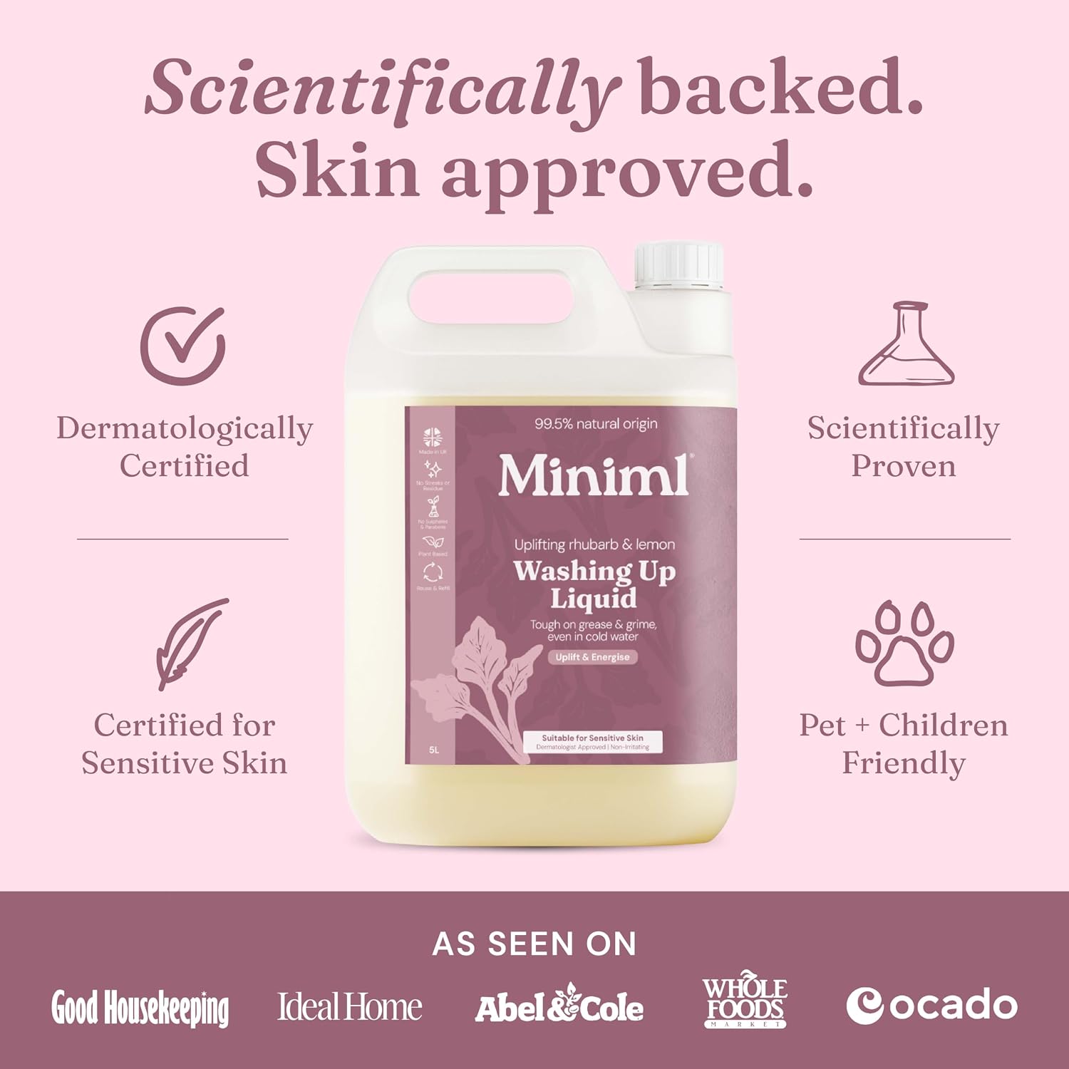 Miniml Eco Washing Up Liquid 5L Refill - Wild Rhubarb & Lemon Scented Non Bio & Skin Sensitive Friendly Dish Wash Cleaner Plant Based Vegan & Cruelty Free - Natural Cleaning Products (500 Washes)