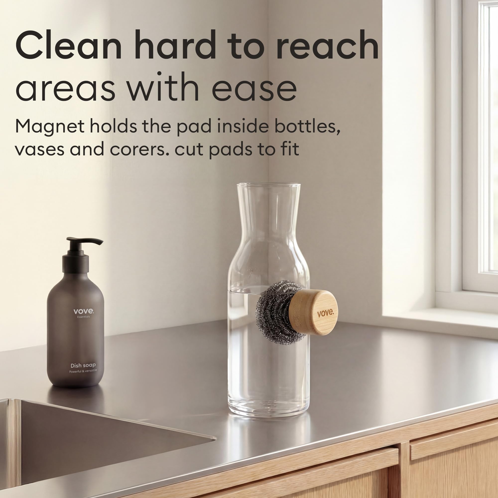Vove Magnetic Scourer – Rust-Free Stainless Steel Scrubber with FSC-Certified Bamboo Handle, 3 Replacement Pads, for Cast Iron, Pots & Pans, Plastic-Free Zero Waste Washing Up Tool