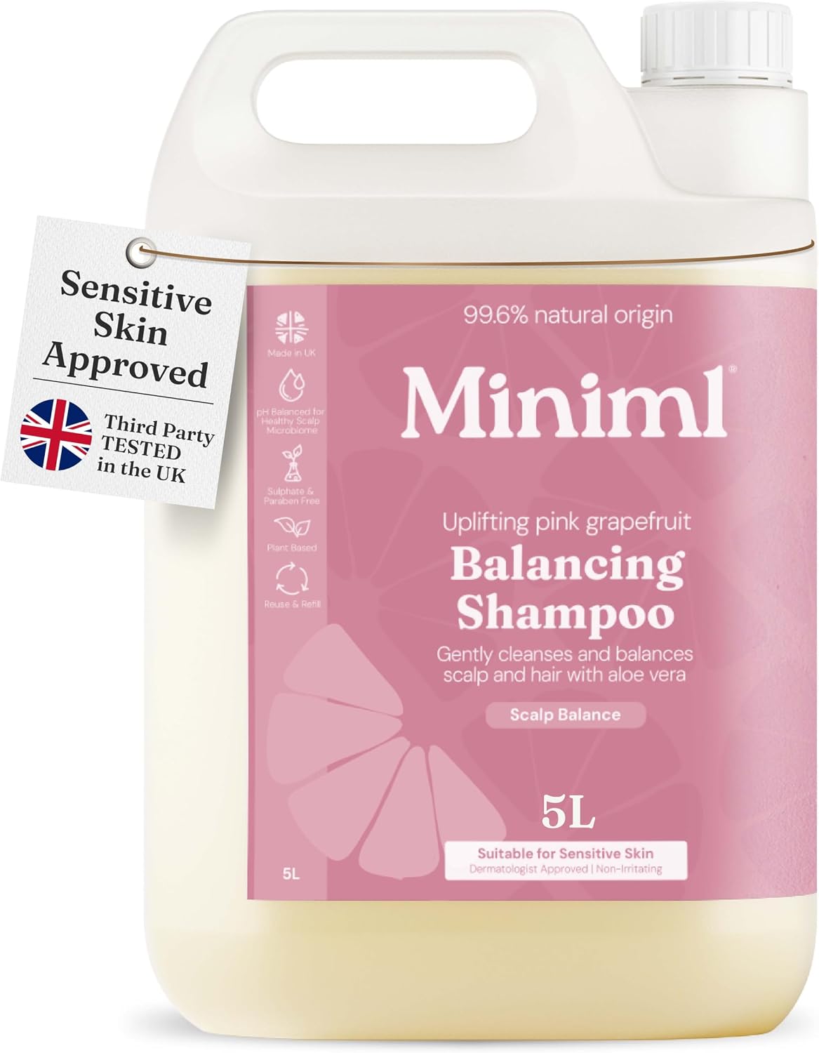 Miniml Natural Hair Shampoo Eco Friendly – 5L Refill Pink Grapefruit & Aloe Vera Men and Womens Sensitive Scalp & Skin Cruelty Free Vegan Shampoo - For Greasy, Curly, Dry and Dandruff Hair