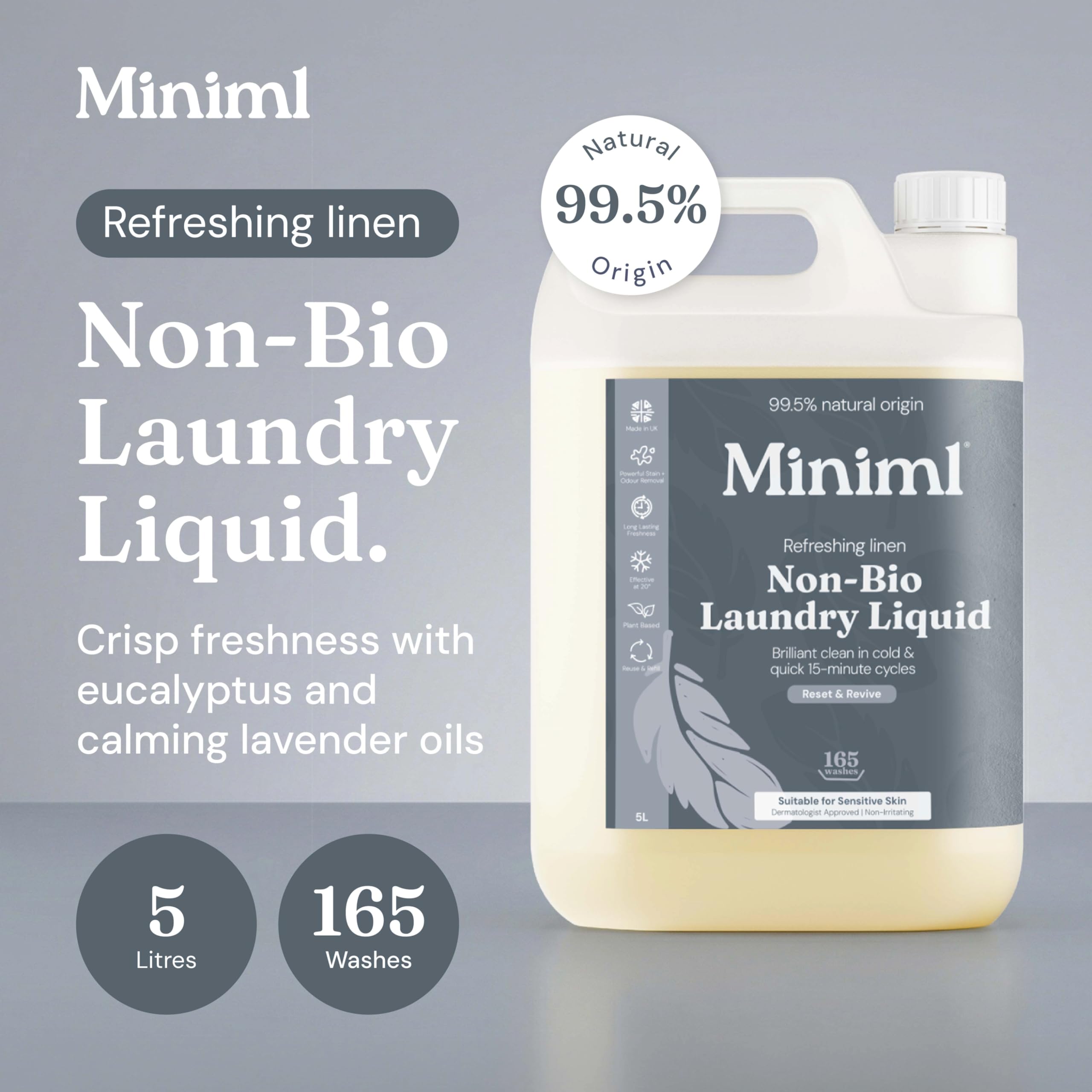 Miniml Laundry Liquid Washing Detergent 5L Refill - Natural Non Bio Pink Dragonfruit & Orchid Scented Clothes Fabric Cleaner for Machine or Delicate Hand Wash- 100% Vegan & Cruelty Free (165 Washes)