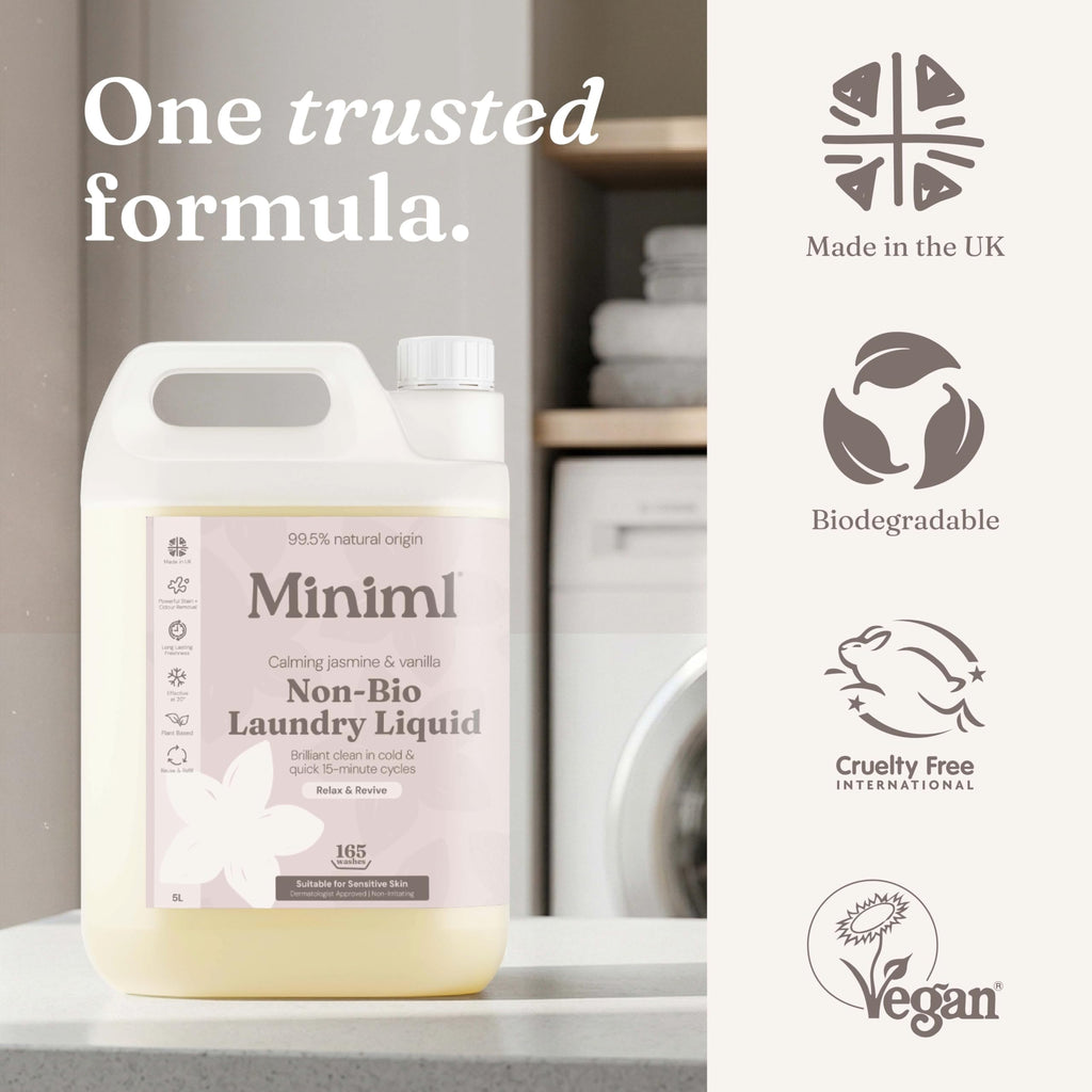 Miniml Laundry Liquid Washing Detergent 5L Refill - Natural Non Bio Pink Dragonfruit & Orchid Scented Clothes Fabric Cleaner for Machine or Delicate Hand Wash- 100% Vegan & Cruelty Free (165 Washes)
