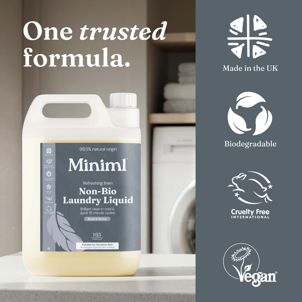 Miniml Laundry Liquid Washing Detergent 5L Refill - Natural Non Bio Pink Dragonfruit & Orchid Scented Clothes Fabric Cleaner for Machine or Delicate Hand Wash- 100% Vegan & Cruelty Free (165 Washes)