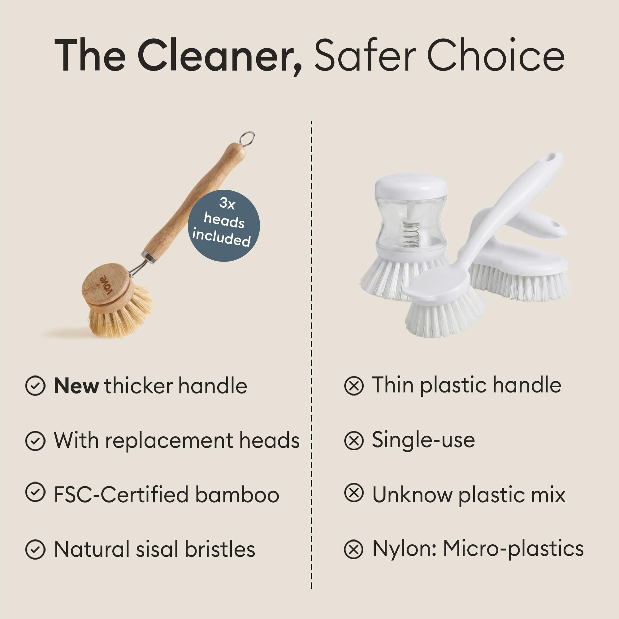 Vove Bamboo Washing Up Brush with 3 Replacement Heads, Plastic-Free Kitchen Scrubbing Brush for Pots Pans and Dishes, FSC-Certified Bamboo Handle with Natural Fibre Bristles, Non-Toxic Zero-Waste