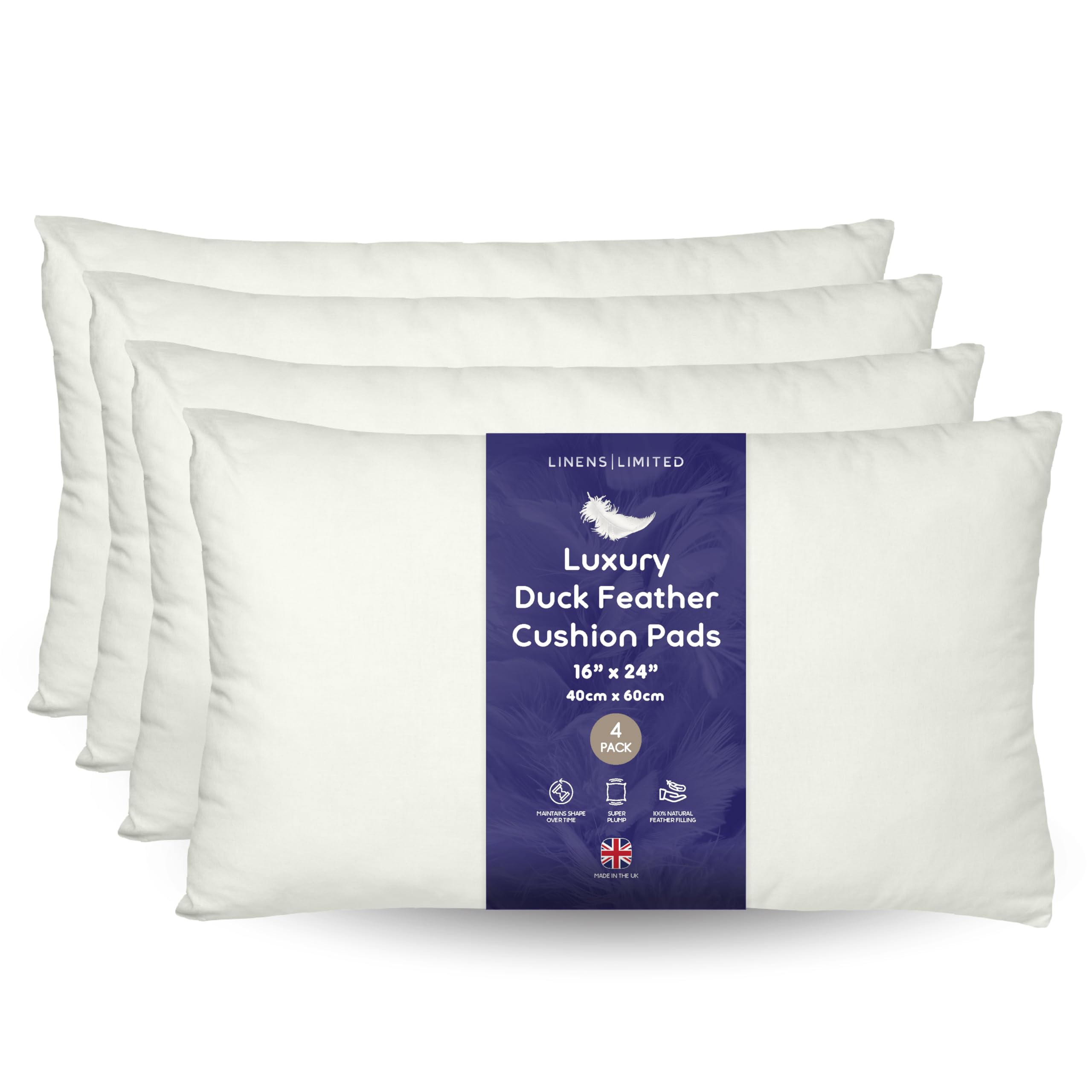 Linens Limited - Variety of sizes Natural Duck Feather Cushion Inserts, Soft & Plump Natural Duck Feather Sofa Cushion Pad, Elegant, Versatile, Easy to Clean, Large Square Cushion Inner, Perfectly Fits Covers (available 1, 2, 4 Pack).