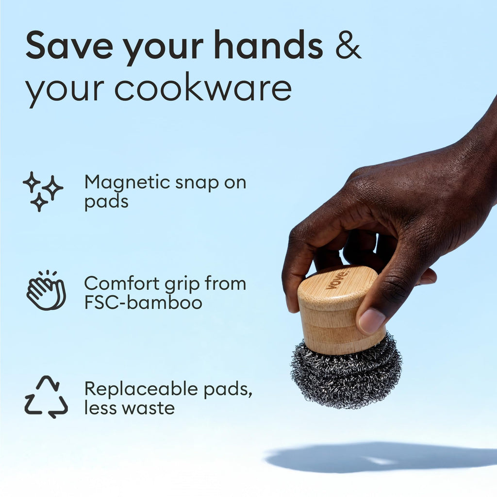 Vove Magnetic Scourer – Rust-Free Stainless Steel Scrubber with FSC-Certified Bamboo Handle, 3 Replacement Pads, for Cast Iron, Pots & Pans, Plastic-Free Zero Waste Washing Up Tool