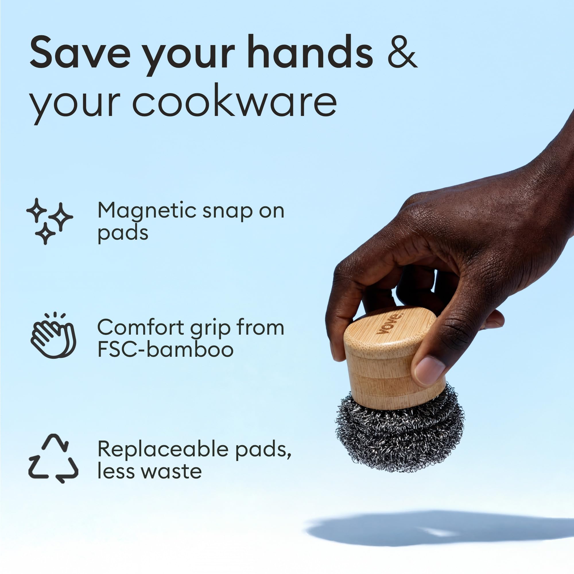 Vove Magnetic Scourer – Rust-Free Stainless Steel Scrubber with FSC-Certified Bamboo Handle, 3 Replacement Pads, for Cast Iron, Pots & Pans, Plastic-Free Zero Waste Washing Up Tool