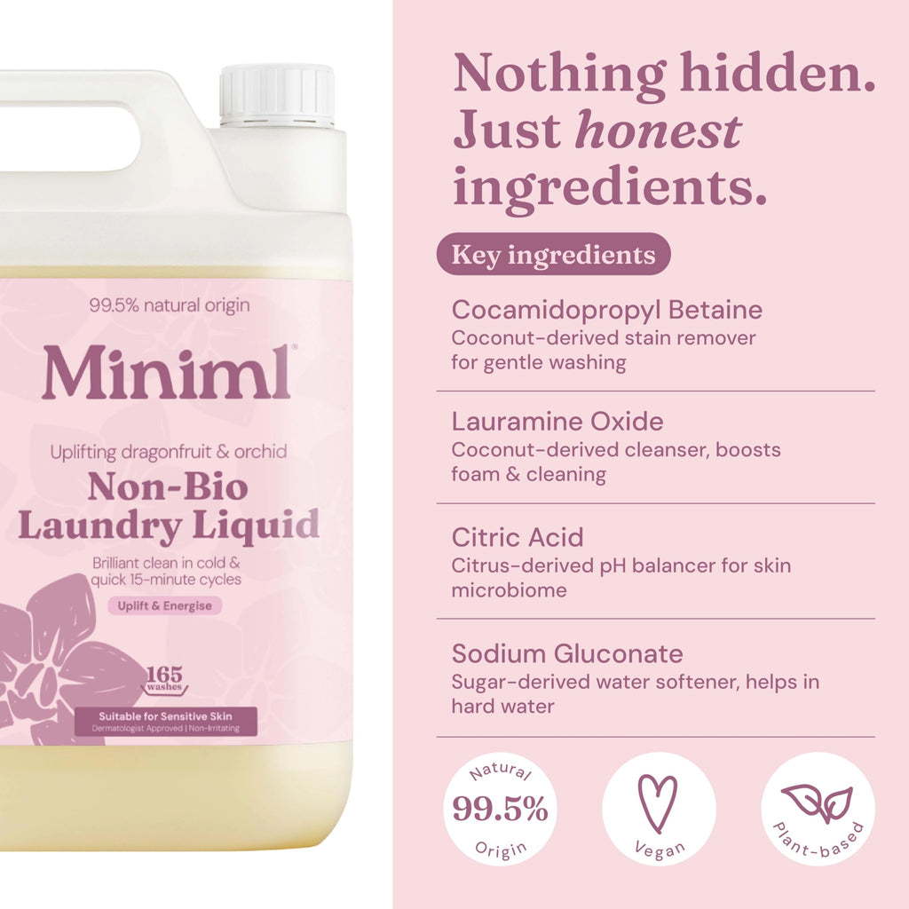 Miniml Laundry Liquid Washing Detergent 5L Refill - Natural Non Bio Pink Dragonfruit & Orchid Scented Clothes Fabric Cleaner for Machine or Delicate Hand Wash- 100% Vegan & Cruelty Free (165 Washes)