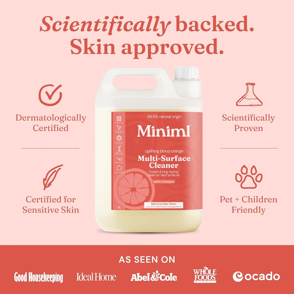 Miniml Eco Multi Surface Cleaner General Purpose Spray 5L Refill – Blood Orange Scented for Cleaning All Surfaces Floors Walls Glass Kitchen Bathroom - Natural Plant Based Vegan Formula & Cruelty Free
