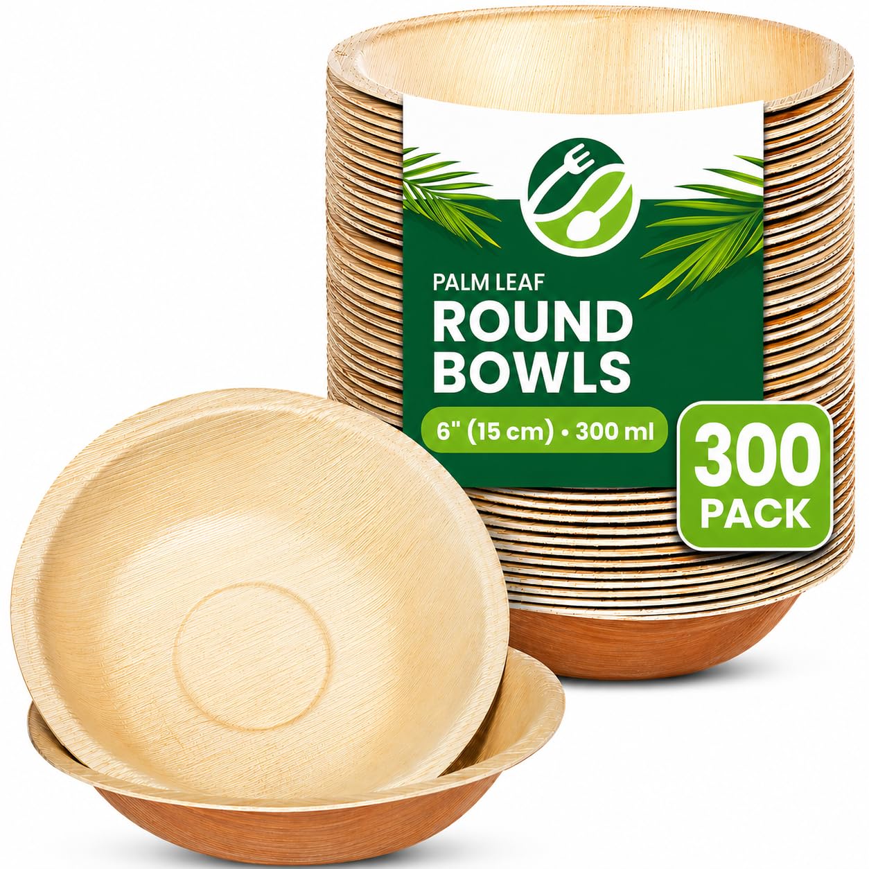 ECO Leaf 50 Disposable Palm Leaf Bowls | 8”(20cm) Round Compostable Dinner Bowls | Eco-Friendly, Biodegradable Heavy-Duty Bowl for Wedding, Party and Picnic | Microwave & Oven Safe, Pack of 50