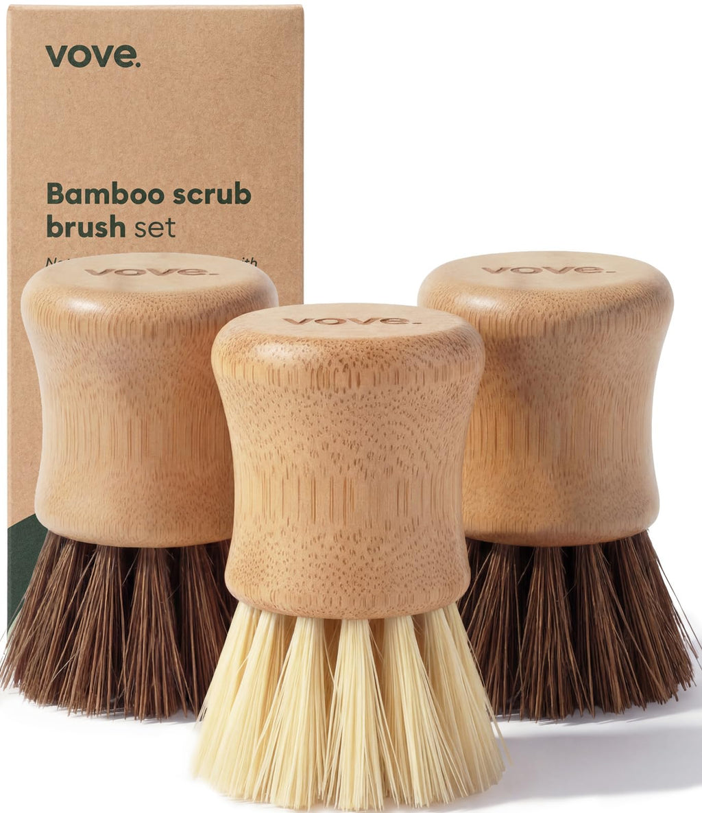 Vove Cleaning Essentials Set – Bamboo Washing Up Brush with Spare Head, 2 Scrub Brushes, 2 Washing Up Sponges – FSC Certified, Plastic-Free, Eco-Friendly – Natural Bristles & Loofah