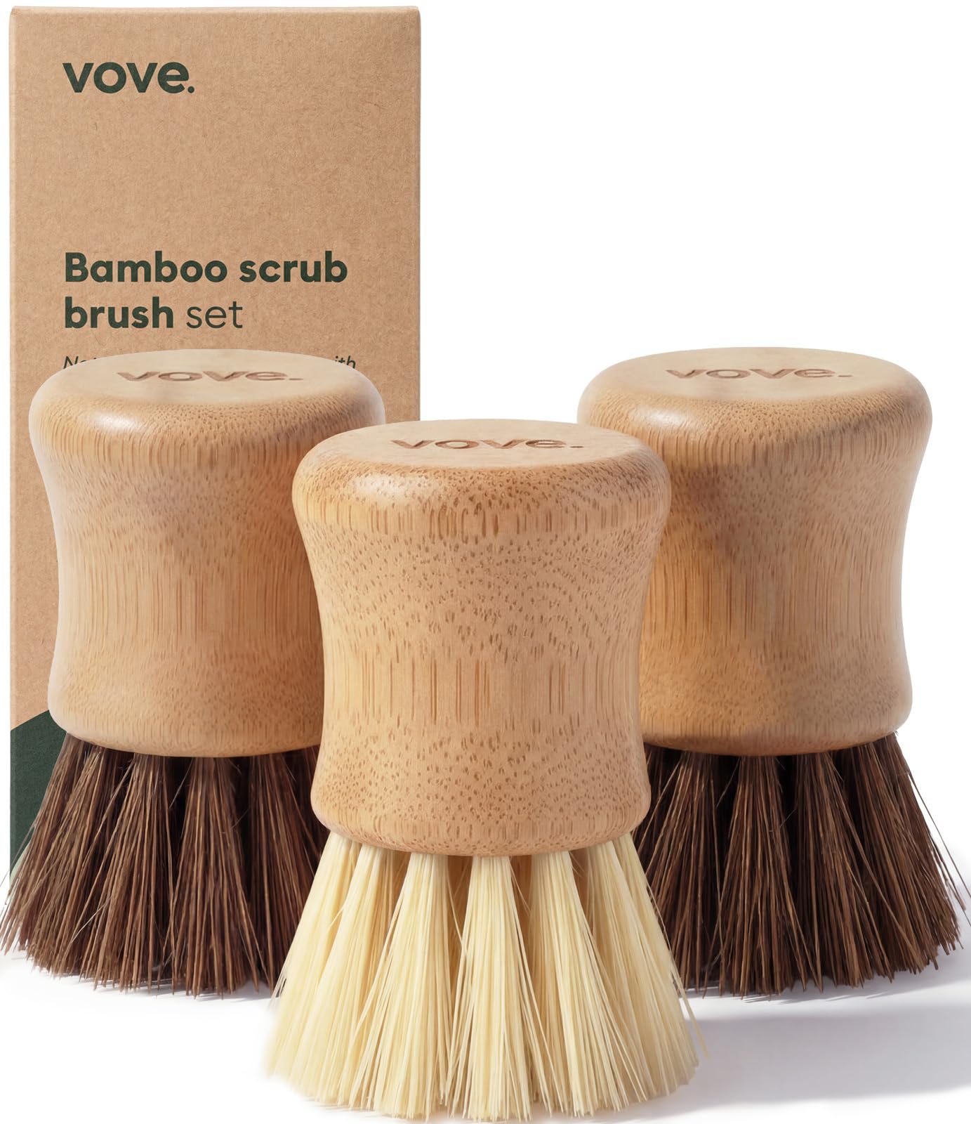 Vove Cleaning Essentials Set – Bamboo Washing Up Brush with Spare Head, 2 Scrub Brushes, 2 Washing Up Sponges – FSC Certified, Plastic-Free, Eco-Friendly – Natural Bristles & Loofah