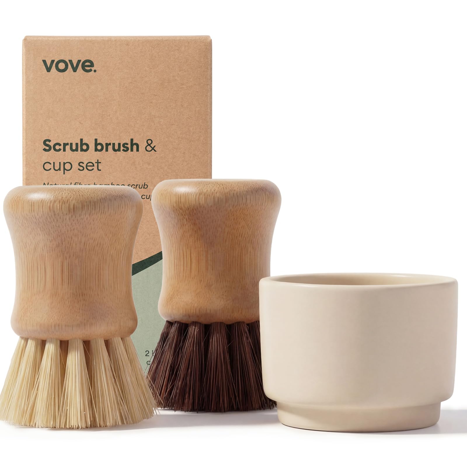 Vove Cleaning Essentials Set – Bamboo Washing Up Brush with Spare Head, 2 Scrub Brushes, 2 Washing Up Sponges – FSC Certified, Plastic-Free, Eco-Friendly – Natural Bristles & Loofah