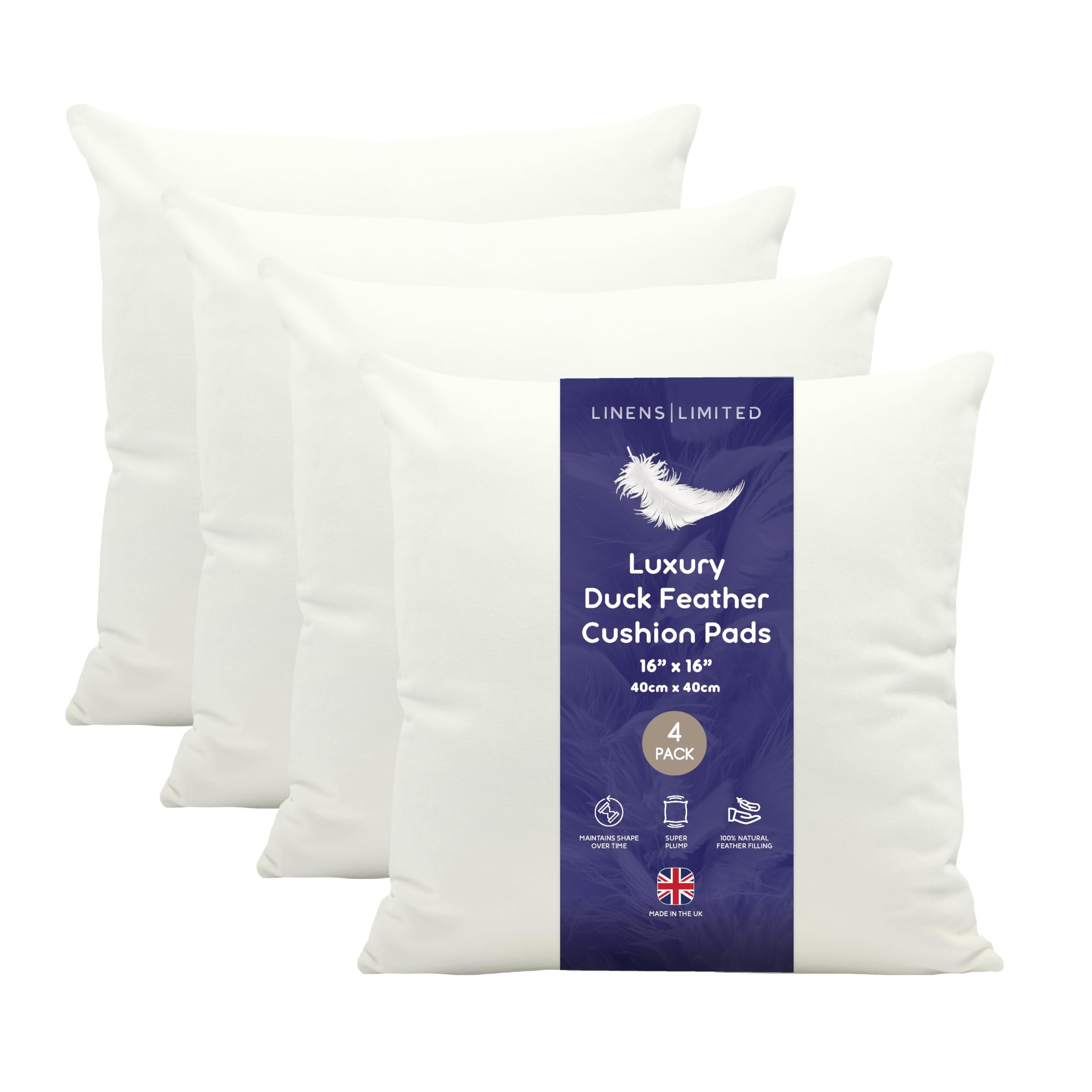 Linens Limited - Variety of sizes Natural Duck Feather Cushion Inserts, Soft & Plump Natural Duck Feather Sofa Cushion Pad, Elegant, Versatile, Easy to Clean, Large Square Cushion Inner, Perfectly Fits Covers (available 1, 2, 4 Pack).