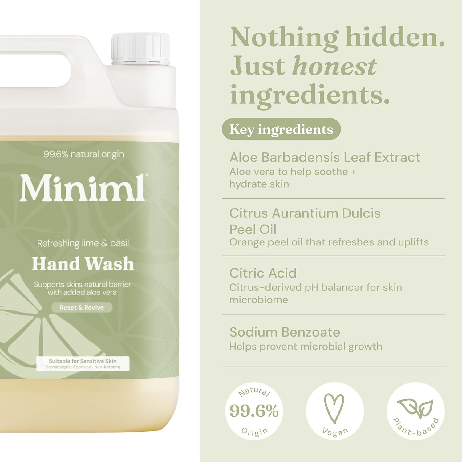 Miniml Hand Soap Wash Liquid 5L Refill - Lime, Basil & Mandarin Infused Hand, Skin & Body Wash Gel for Soft and Sensitive Skin Care - 100% Vegan & Cruelty Free