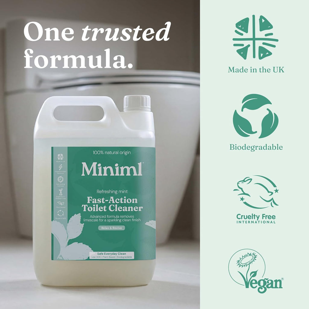 Miniml Eco Toilet Cleaner Spearmint & Peppermint 5L Refill - All Natural Limescale Remover, Descaler and Heavy Duty Refill Rim & Bowl Cleaning Liquid Antibacterial Bleach - 100% Vegan & Cruelty Free