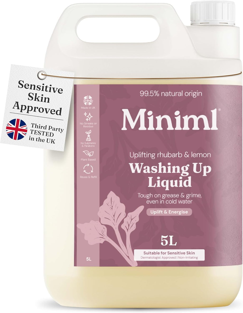 Miniml Eco Washing Up Liquid 5L Refill - Wild Rhubarb & Lemon Scented Non Bio & Skin Sensitive Friendly Dish Wash Cleaner Plant Based Vegan & Cruelty Free - Natural Cleaning Products (500 Washes)