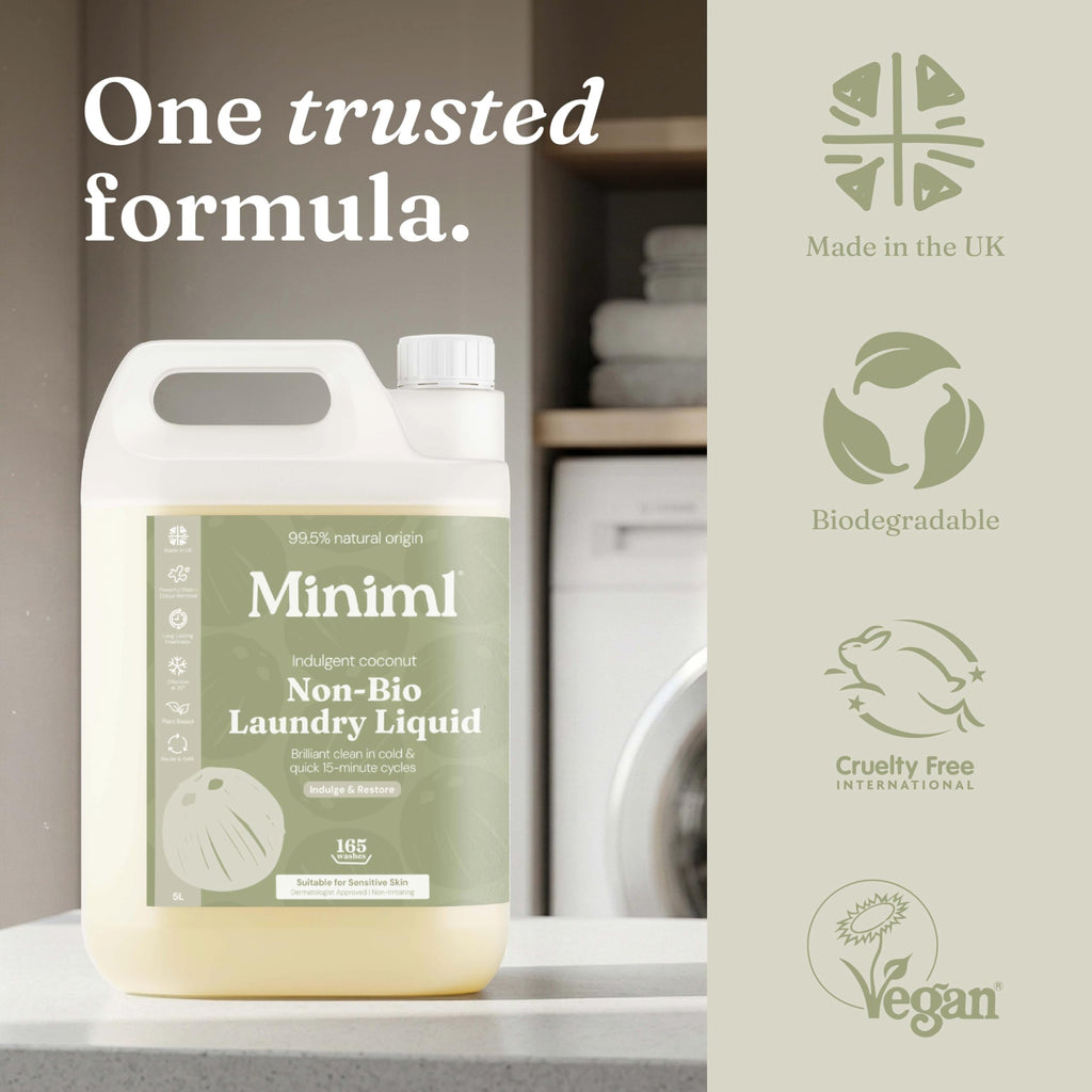 Miniml Laundry Liquid Washing Detergent 5L Refill - Natural Non Bio Pink Dragonfruit & Orchid Scented Clothes Fabric Cleaner for Machine or Delicate Hand Wash- 100% Vegan & Cruelty Free (165 Washes)