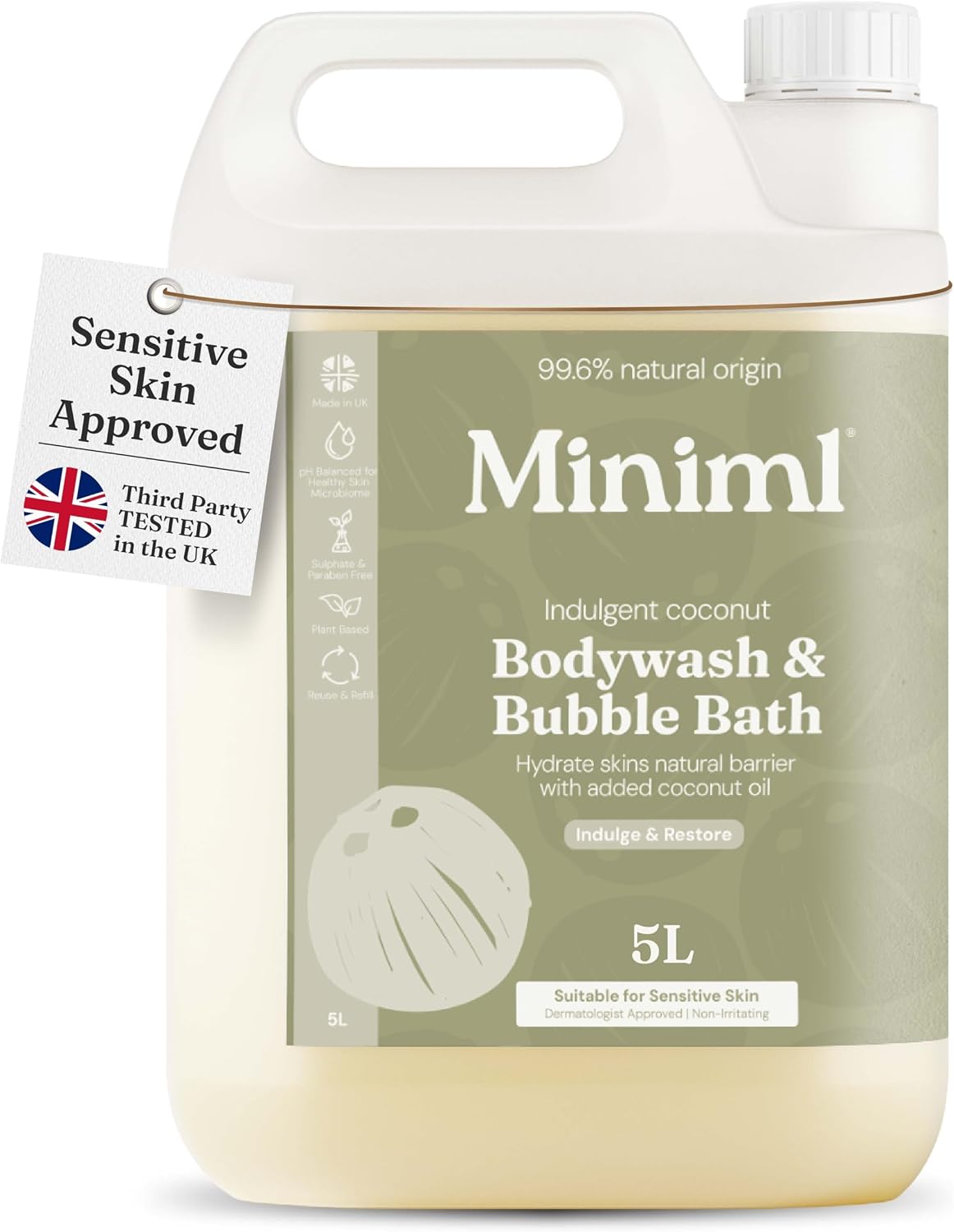 Miniml All Natural Body Wash and Bubble Bath - 5L Refill Moisturising Tea Tree and Mint Sensitive Skin Eco Shower Gel Bath Soak - Vegan Friendly Hand, Face & Body High Foam Scrub