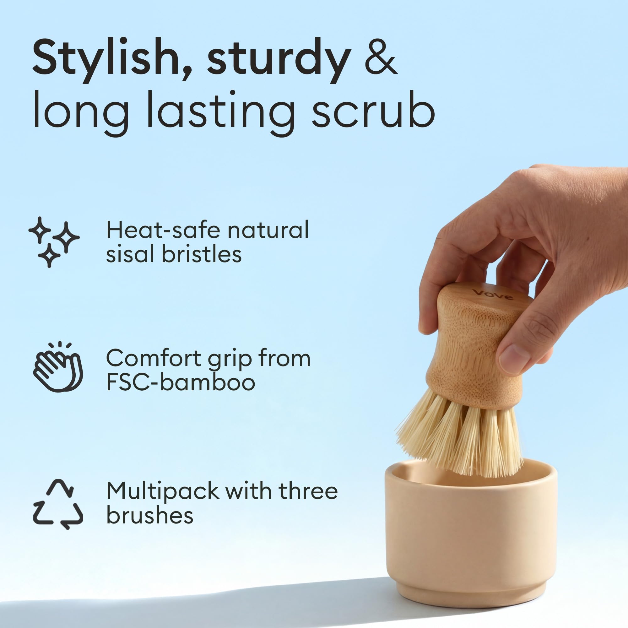 Vove Cleaning Essentials Set – Bamboo Washing Up Brush with Spare Head, 2 Scrub Brushes, 2 Washing Up Sponges – FSC Certified, Plastic-Free, Eco-Friendly – Natural Bristles & Loofah