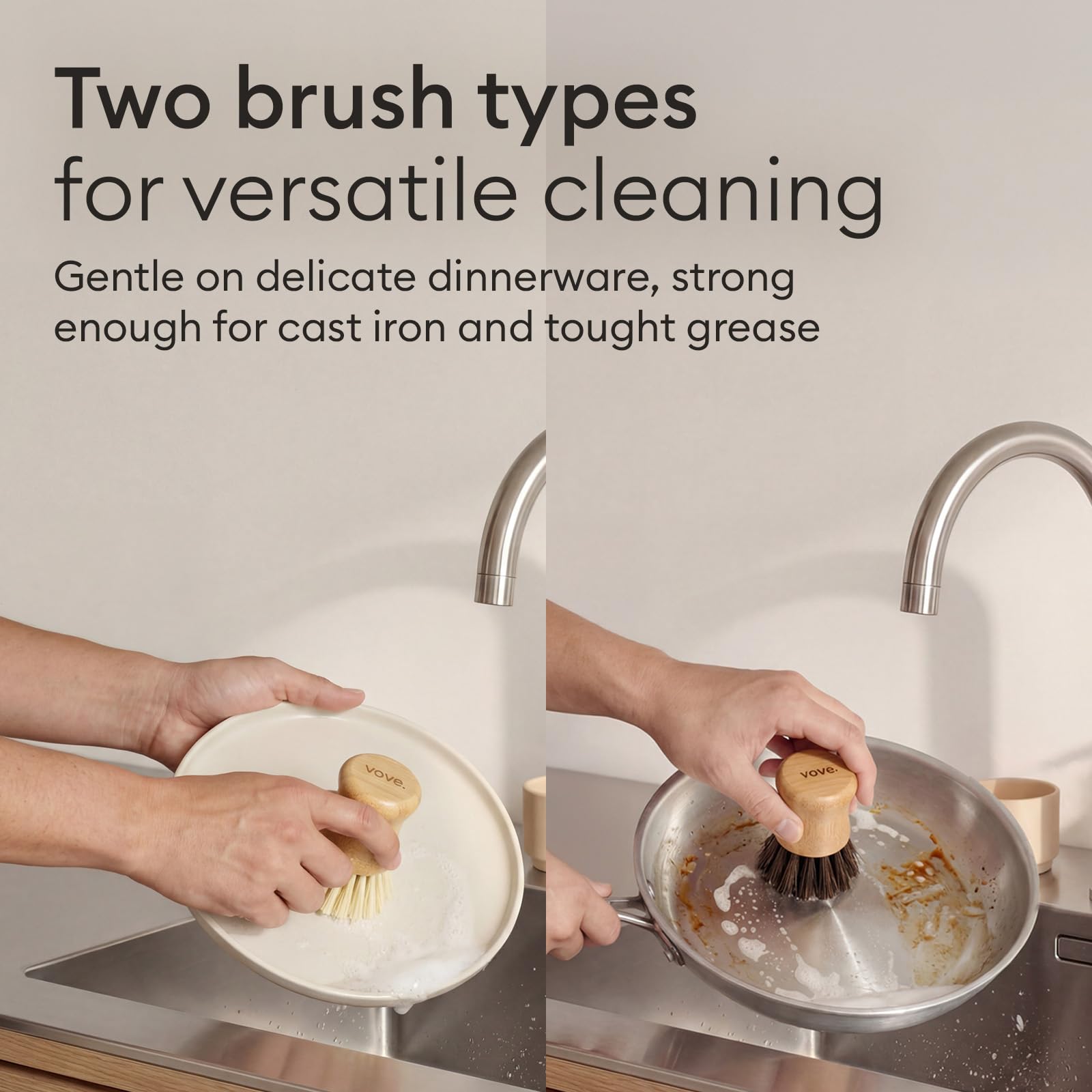 Vove Cleaning Essentials Set – Bamboo Washing Up Brush with Spare Head, 2 Scrub Brushes, 2 Washing Up Sponges – FSC Certified, Plastic-Free, Eco-Friendly – Natural Bristles & Loofah