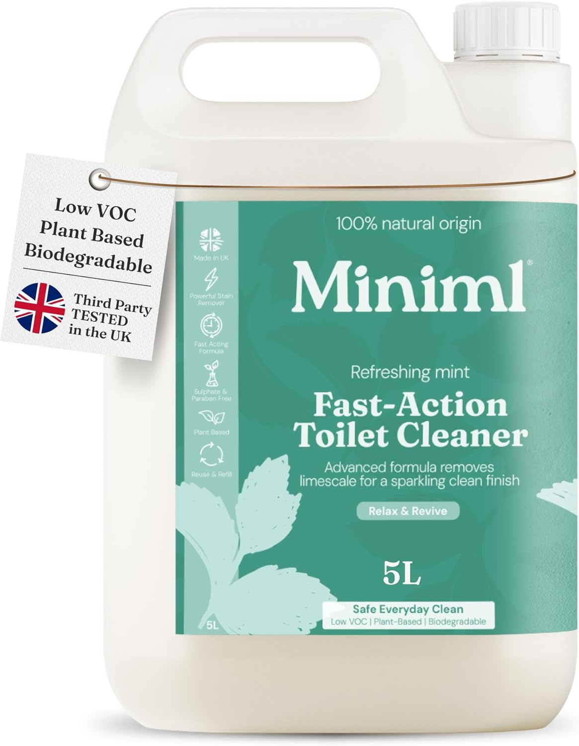 Miniml Eco Toilet Cleaner Spearmint & Peppermint 5L Refill - All Natural Limescale Remover, Descaler and Heavy Duty Refill Rim & Bowl Cleaning Liquid Antibacterial Bleach - 100% Vegan & Cruelty Free