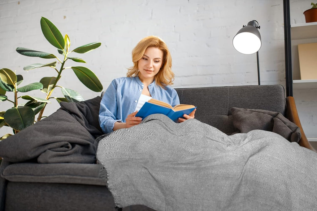 Emma Barclay Herringbone - Recycled Cotton Patterned Chair Sofa Setee Bed Throw Over Blanket in Natural - 50x60 (127x152cm)